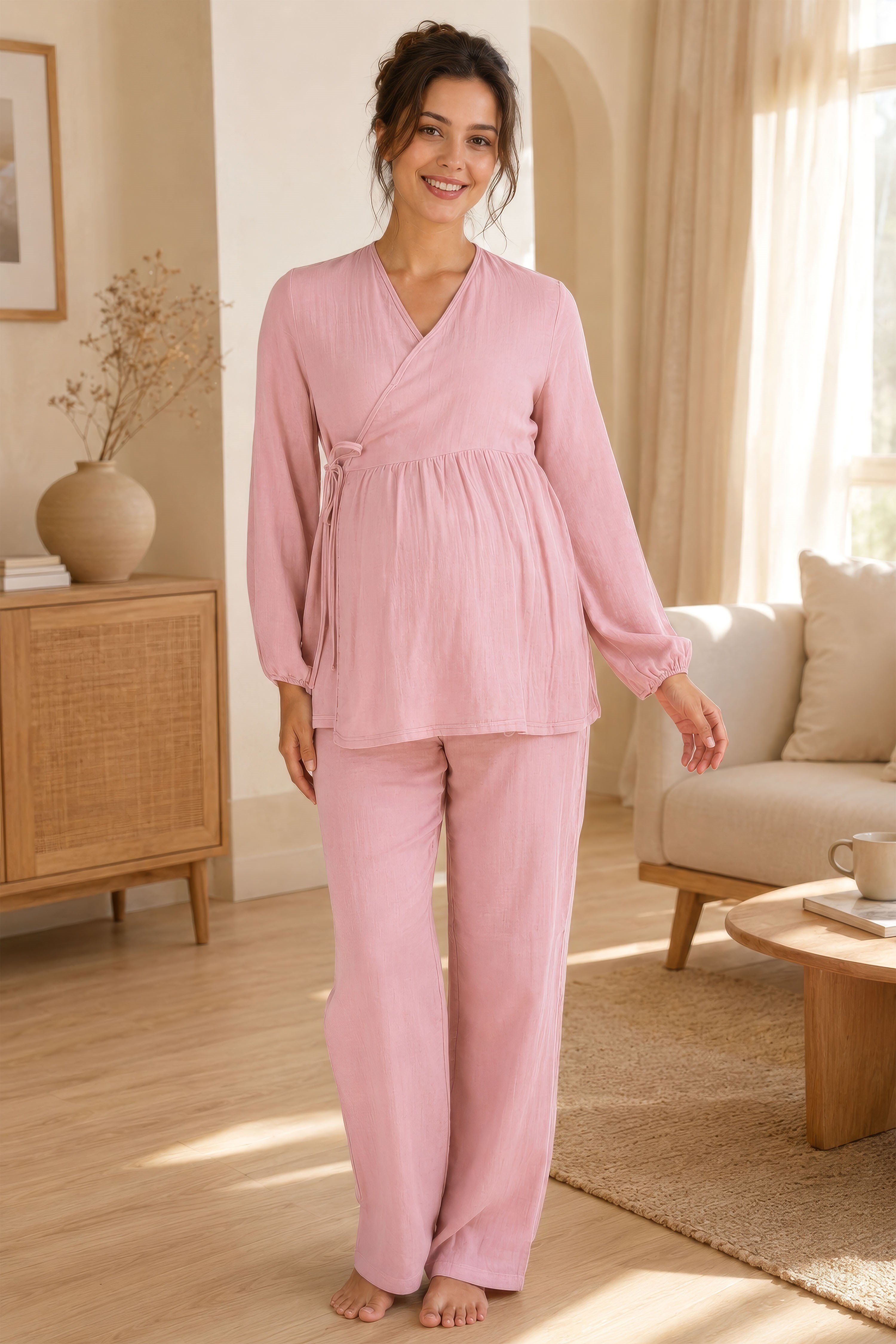 Effortt 3087 Pembe Uzun Kol Müslin Kumaş Emzirme Özellikli Hamile Lohusa Pijama Takımı