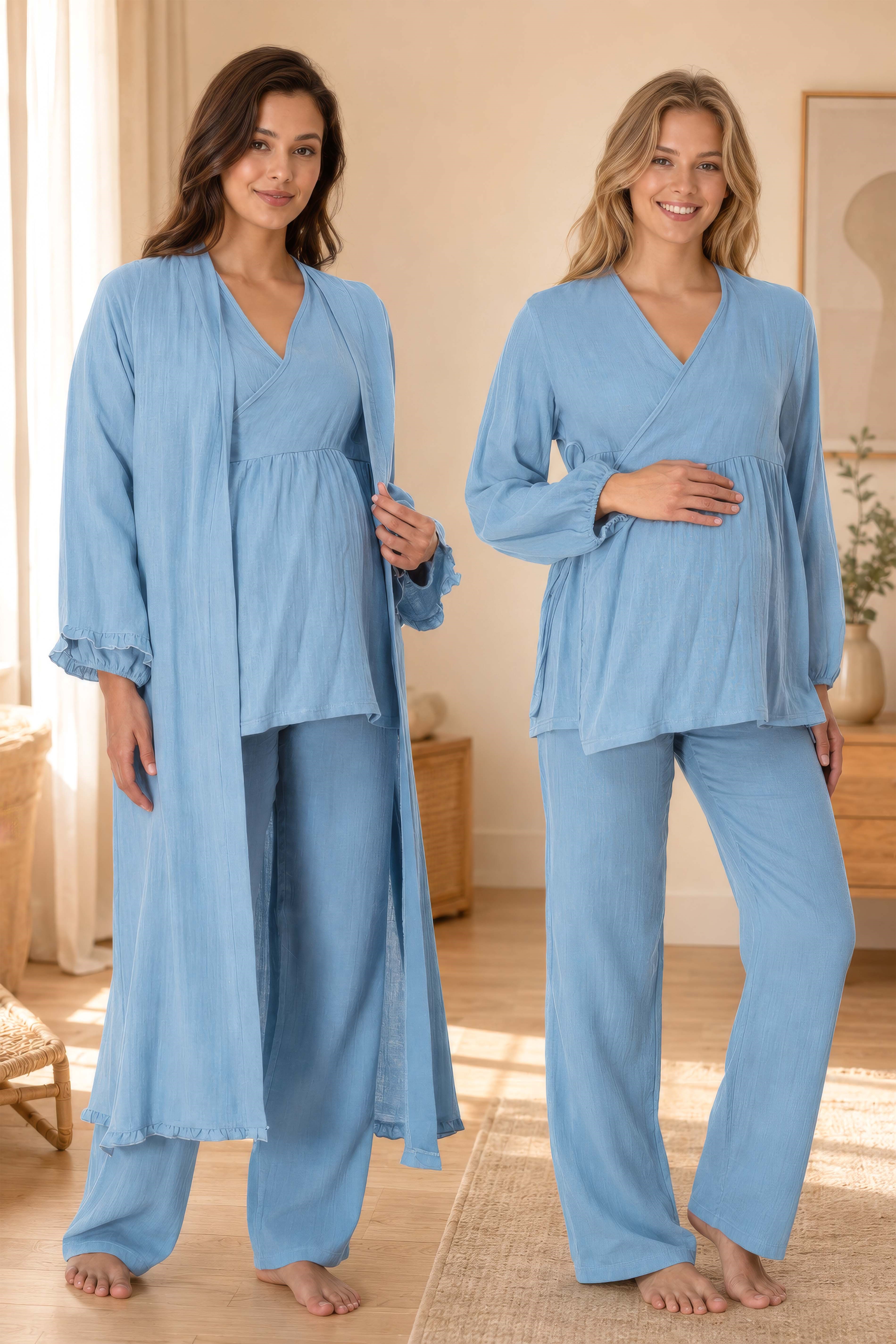 Effortt 3088 İndigo Rahat Kesim Müslin Kumaş Emzirme Özellikli Sabahlıklı Hamile Lohusa Pijama Takımı