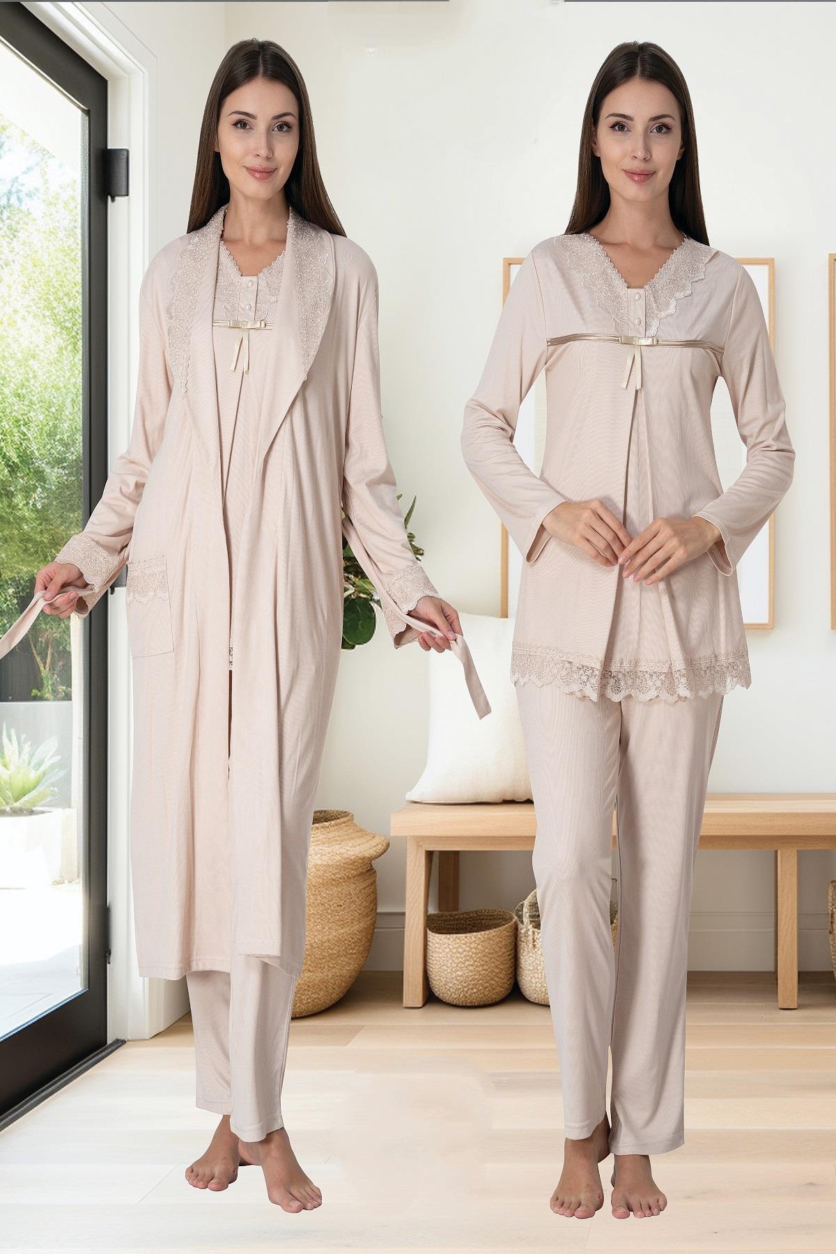 Effortt 4034 Kahverengi Sabahlıklı Lohusa Pijama Takımı