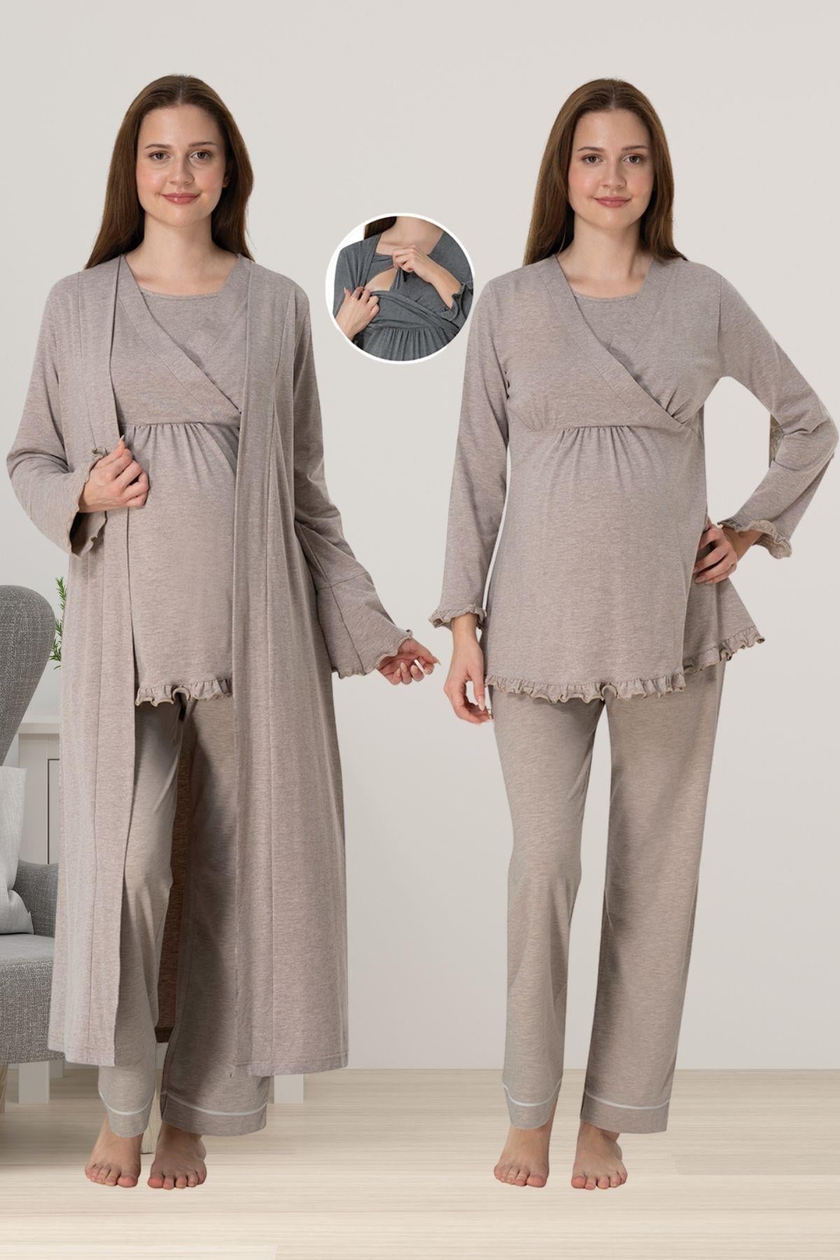 Effortt 4044 Bej Sabahlıklı Hamile Lohusa Pijama Takımı