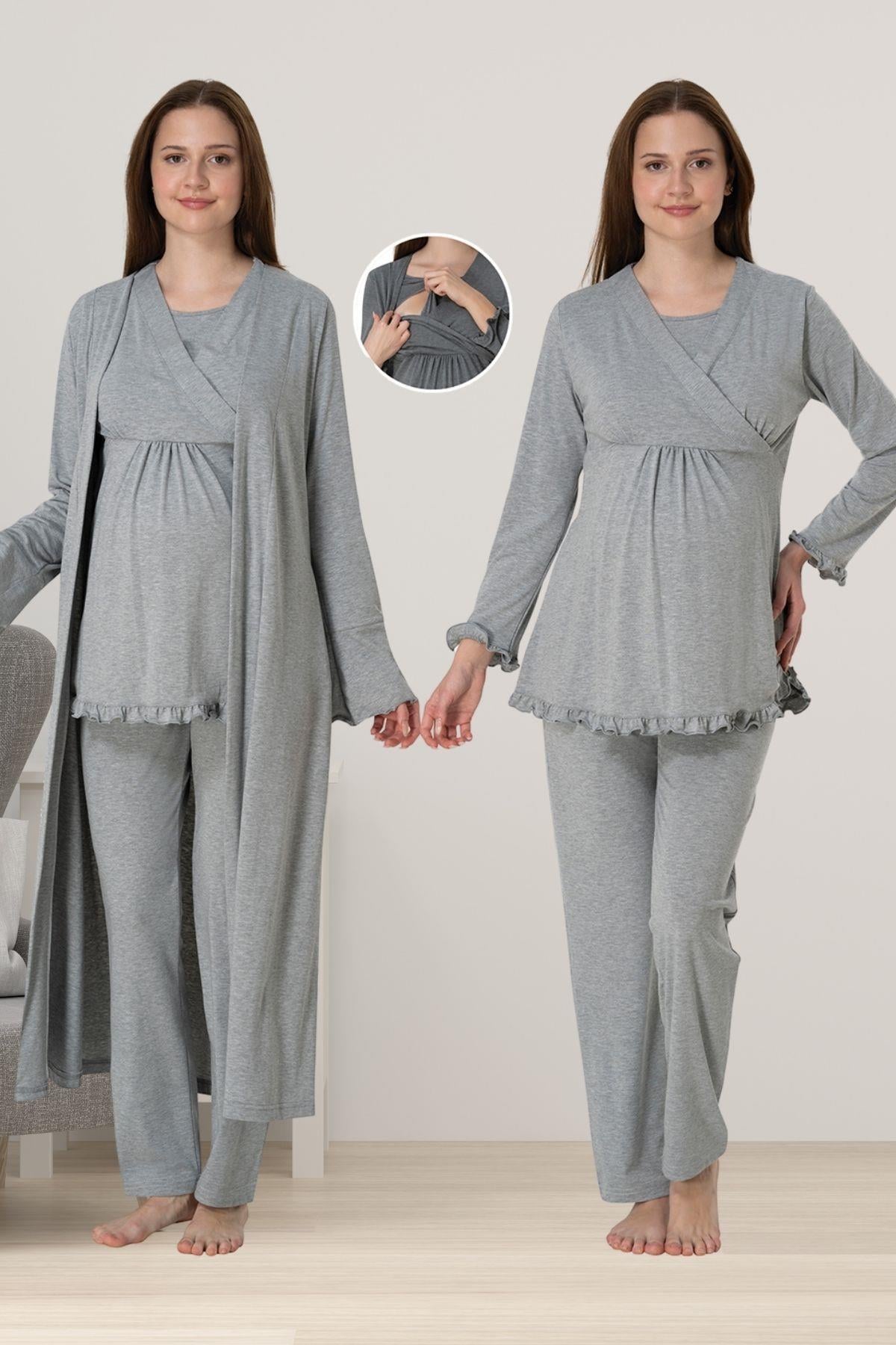 Effortt 4044 Gri Sabahlıklı Hamile Lohusa Pijama Takımı