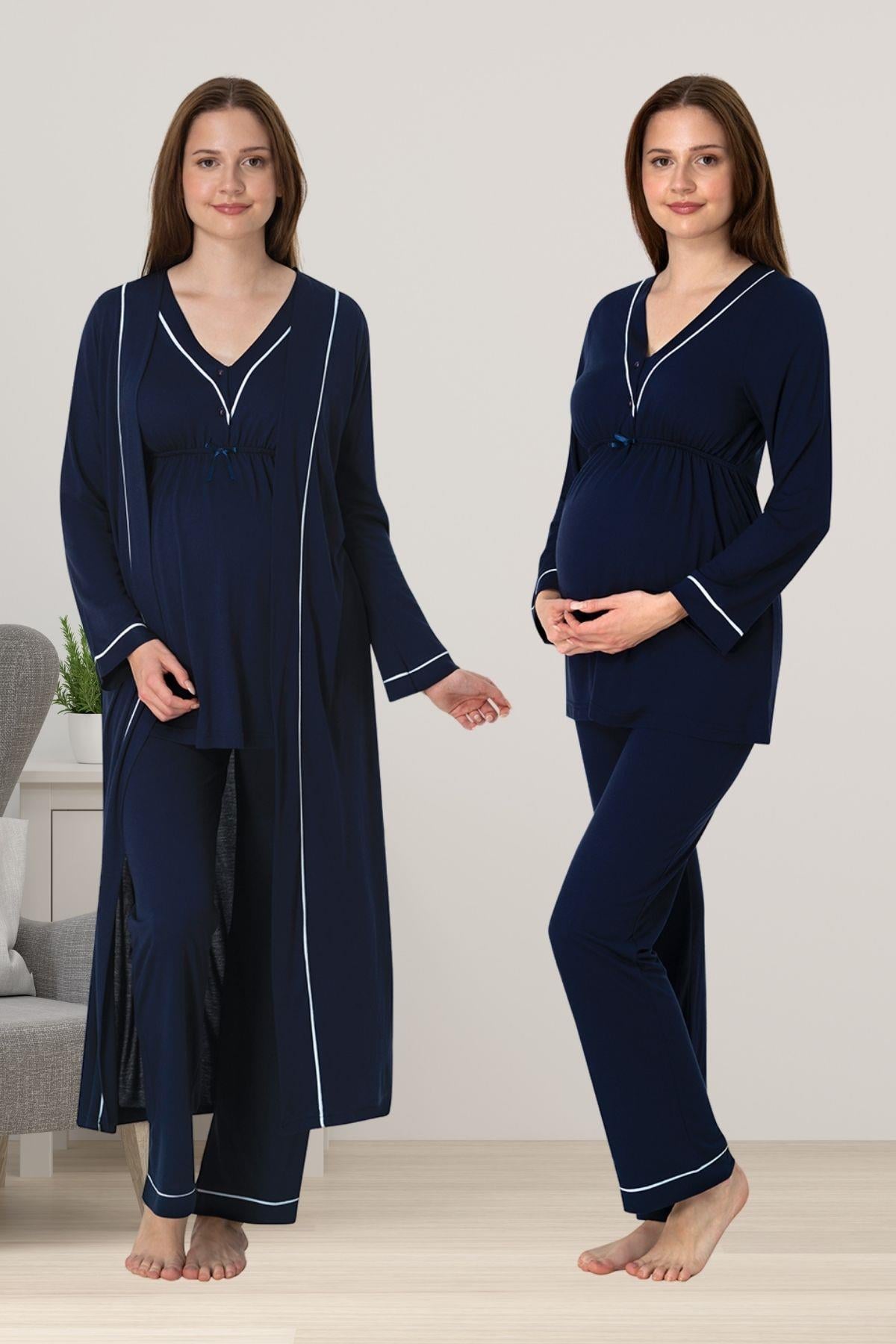 Effortt 4054 Lacivert Sabahlıklı Hamile Lohusa Pijama Takımı