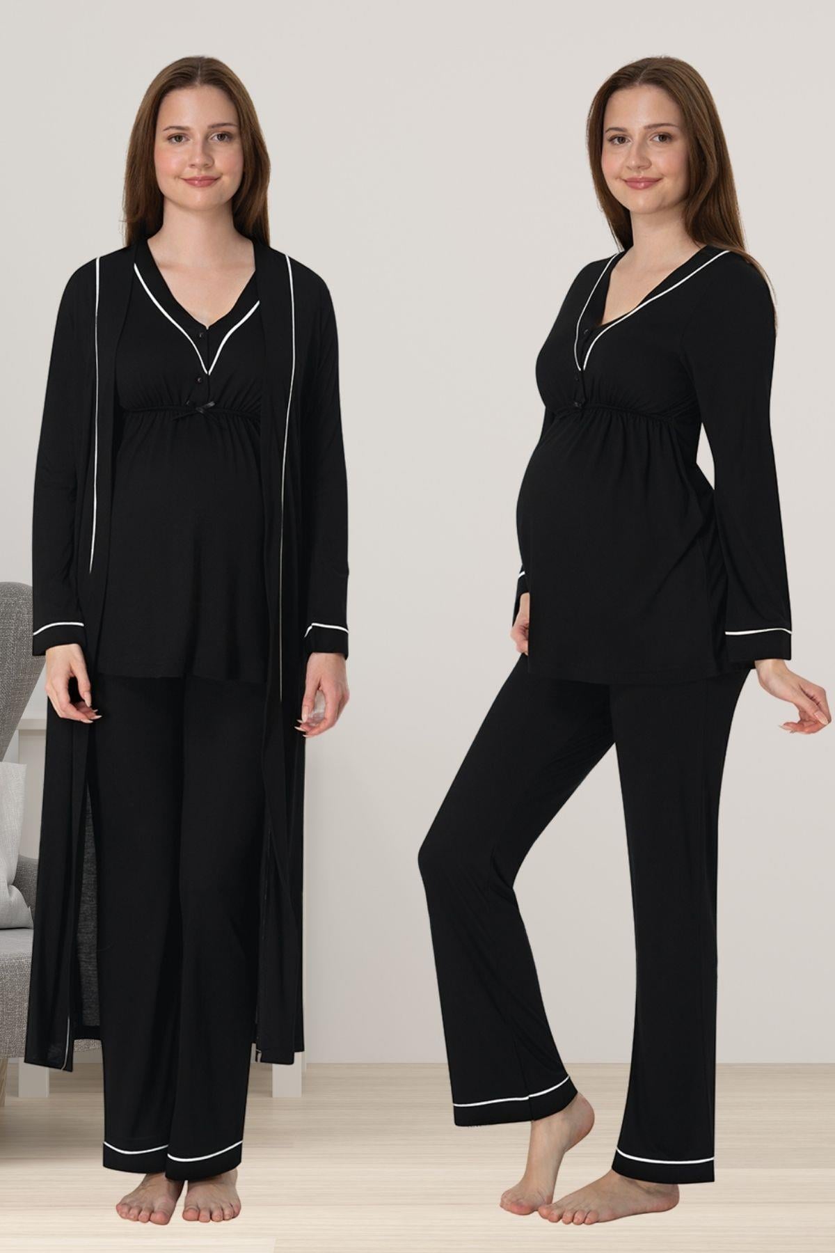 Effortt 4054 Siyah Sabahlıklı Hamile Lohusa Pijama Takımı