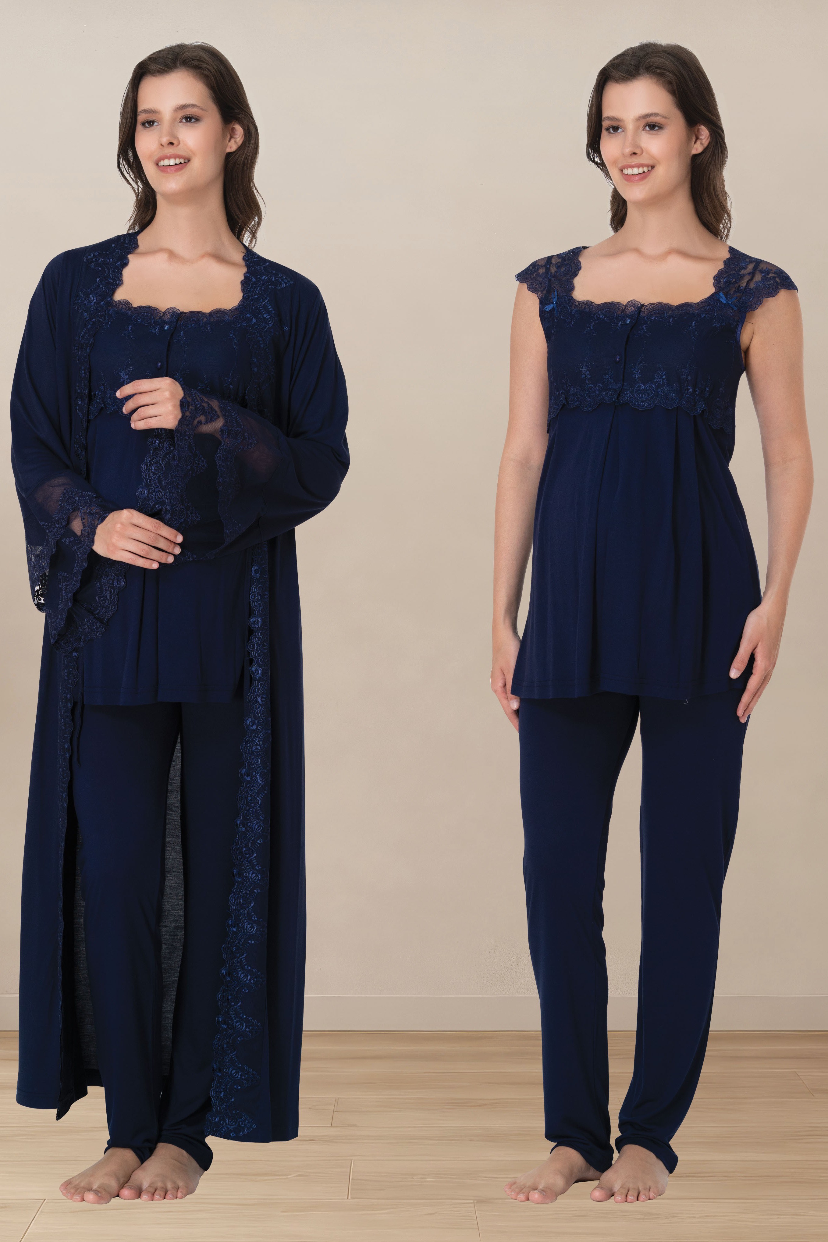 Effortt 4064 Lacivert Emzirme Özellikli Dantel Detaylı Sabahlıklı Hamile Lohusa Pijama Takımı