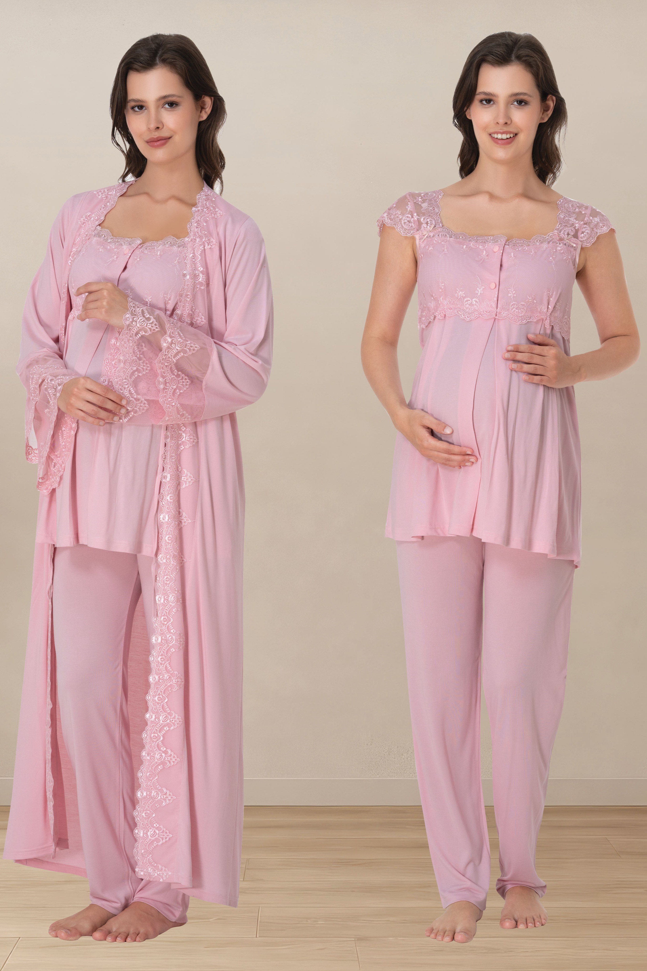 Effortt 4064 Pudra Emzirme Özellikli Dantel Detaylı Sabahlıklı Hamile Lohusa Pijama Takımı