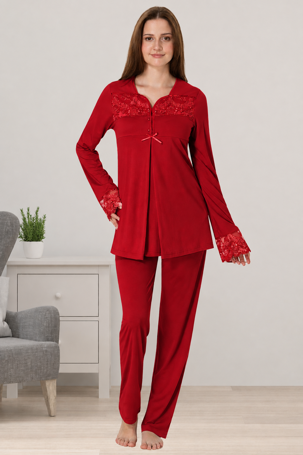 Effortt 4082 Vişne Hamile Lohusa Pijama Takımı