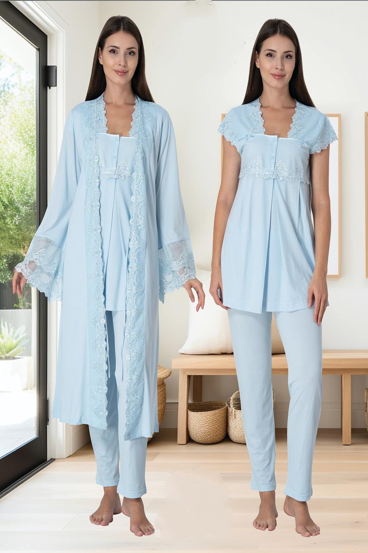 Effortt 5011 Mavi Sabahlıklı Lohusa Pijama Takımı