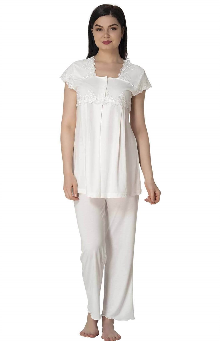 Effortt 5012 Ekru Dantelli Lohusa Pijama Takımı