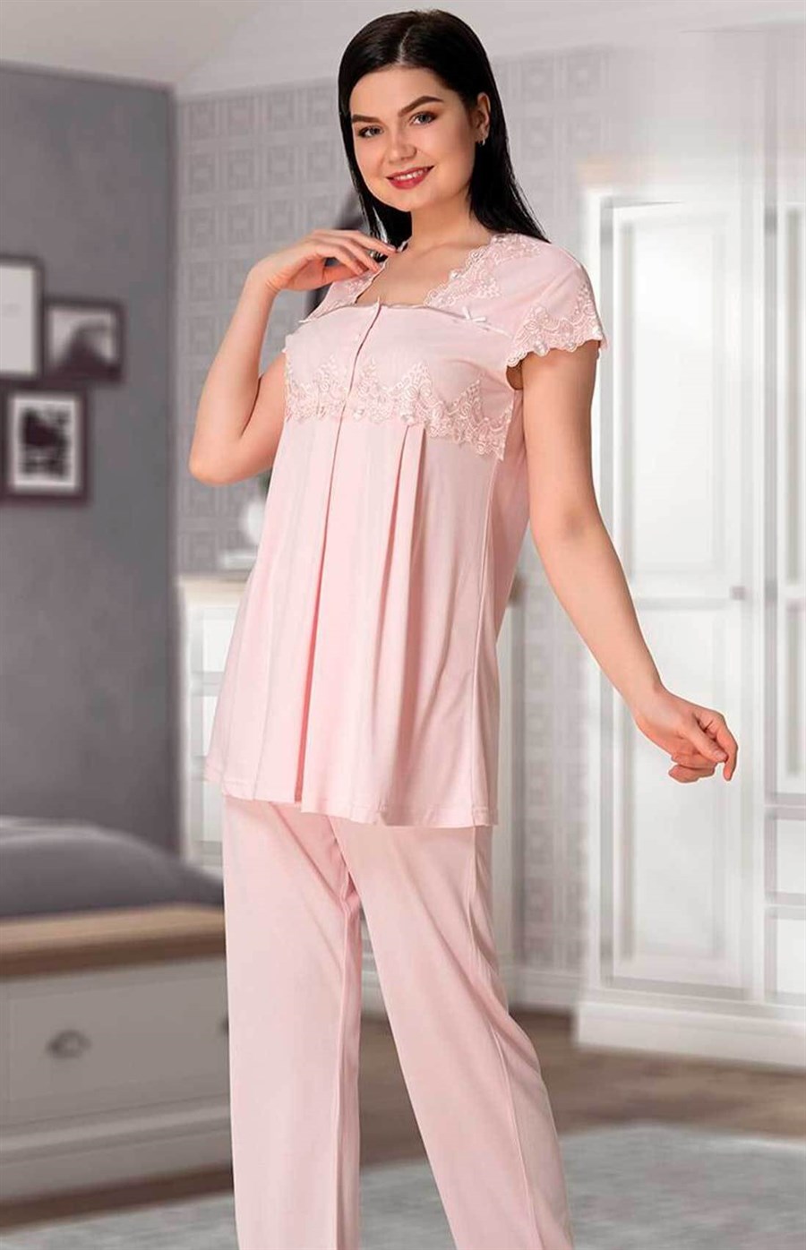 Effortt 5012 Pembe Dantelli Lohusa Pijama Takımı
