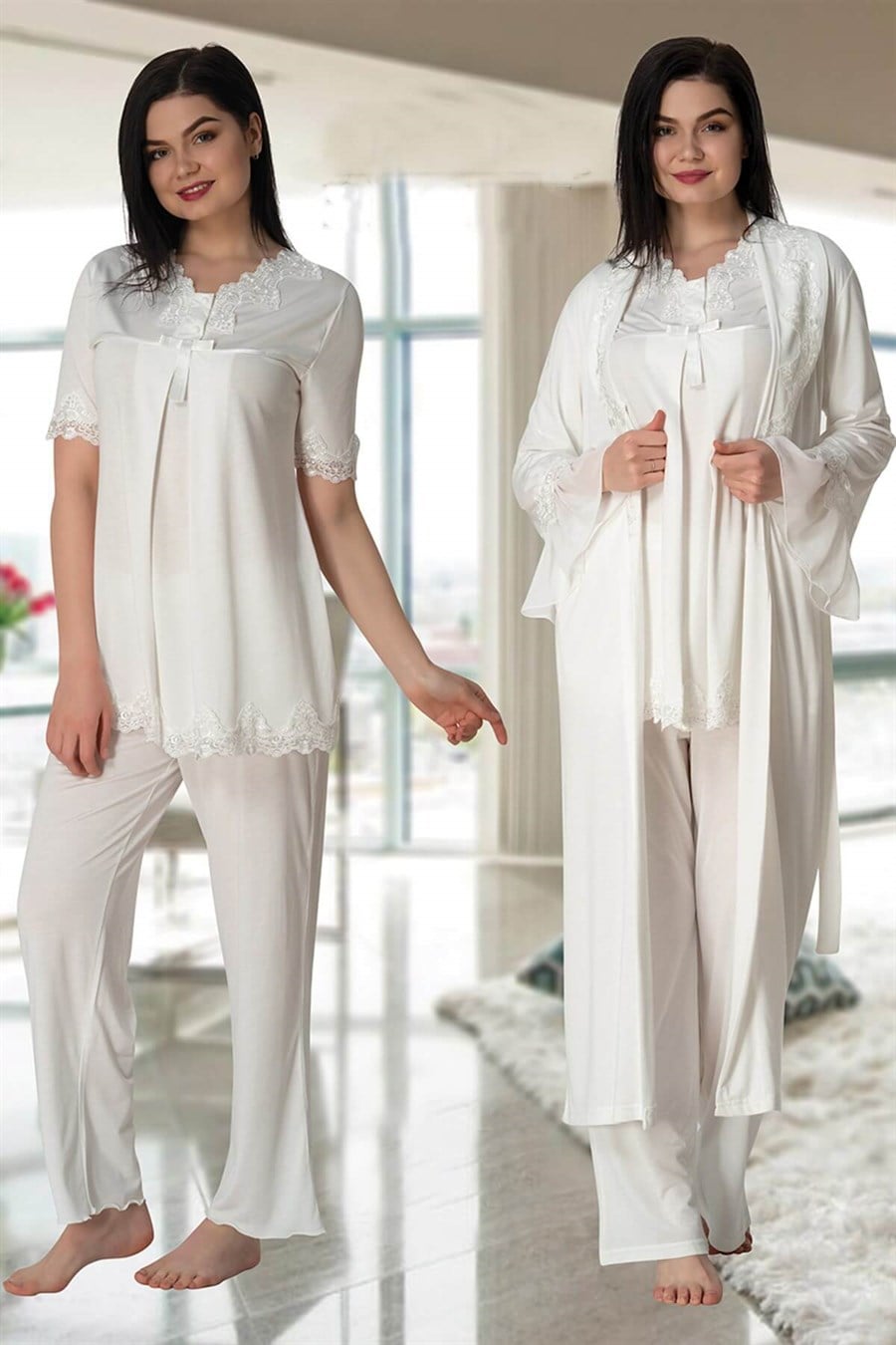 Effortt 5034 Ekru Sabahlıklı Lohusa Pijama Takımı