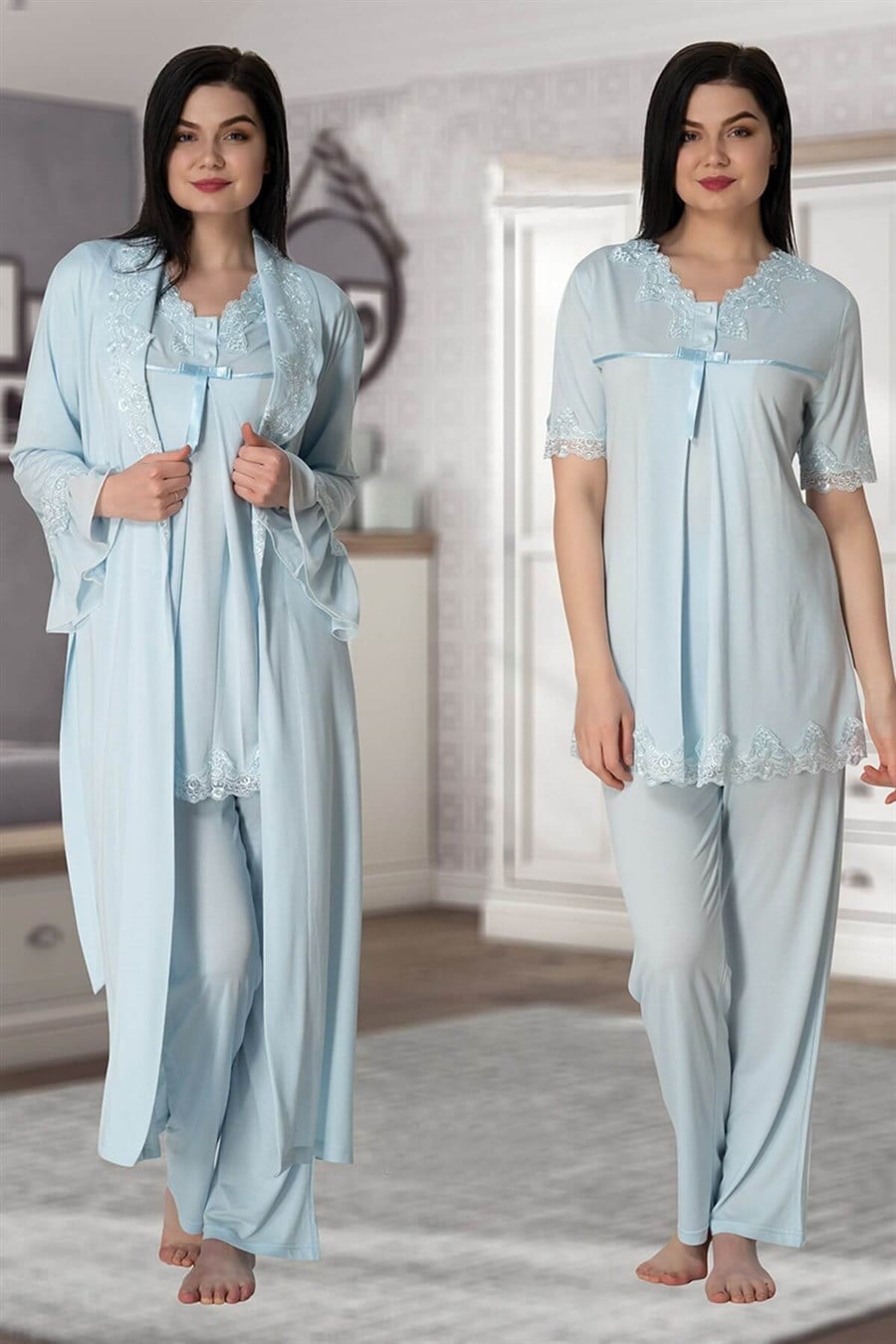 Effortt 5034 Mavi Sabahlıklı Lohusa Pijama Takımı