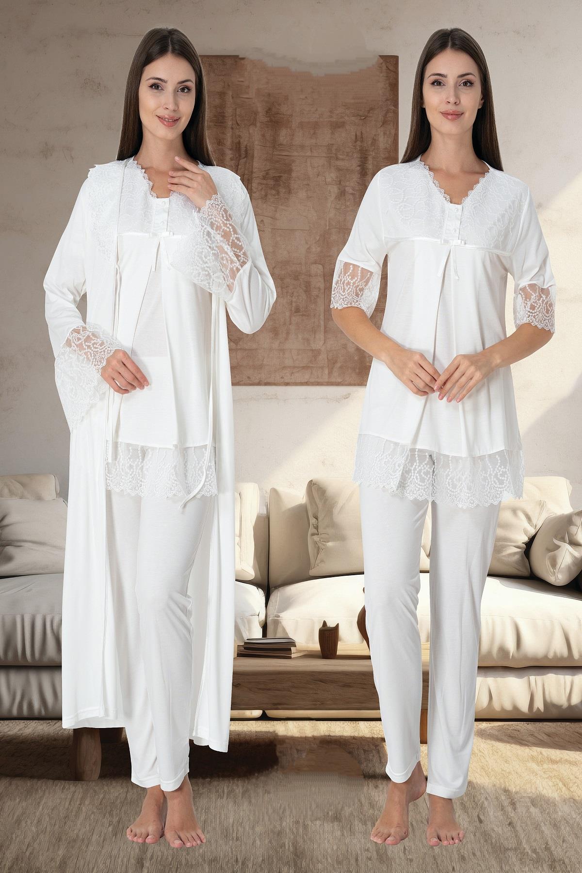 Effortt 5044 Ekru Sabahlıklı Lohusa Pijama Takımı