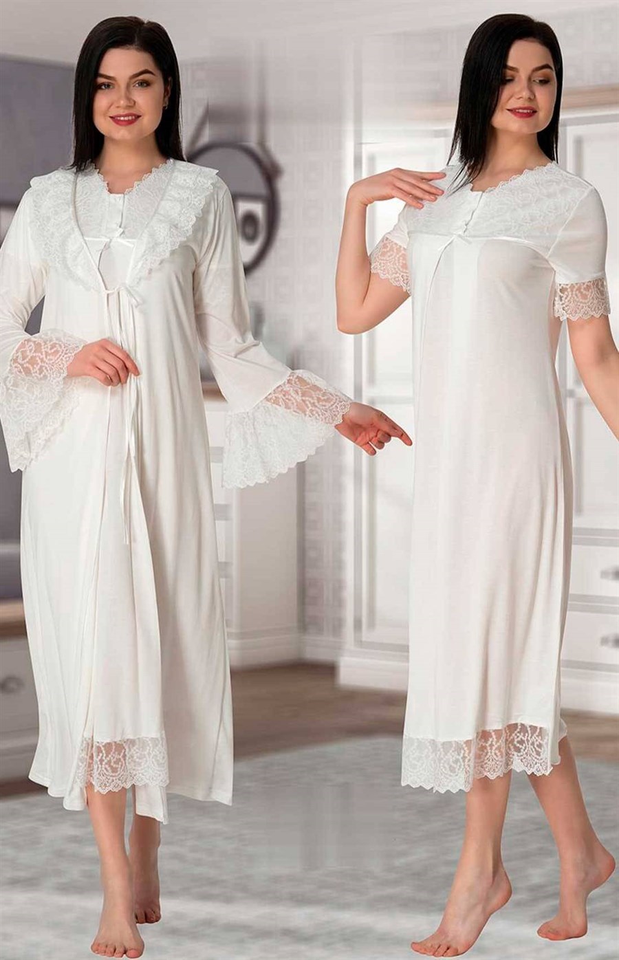 Effortt 5045 Ekru Sabahlıklı Lohusa Gecelik Takım