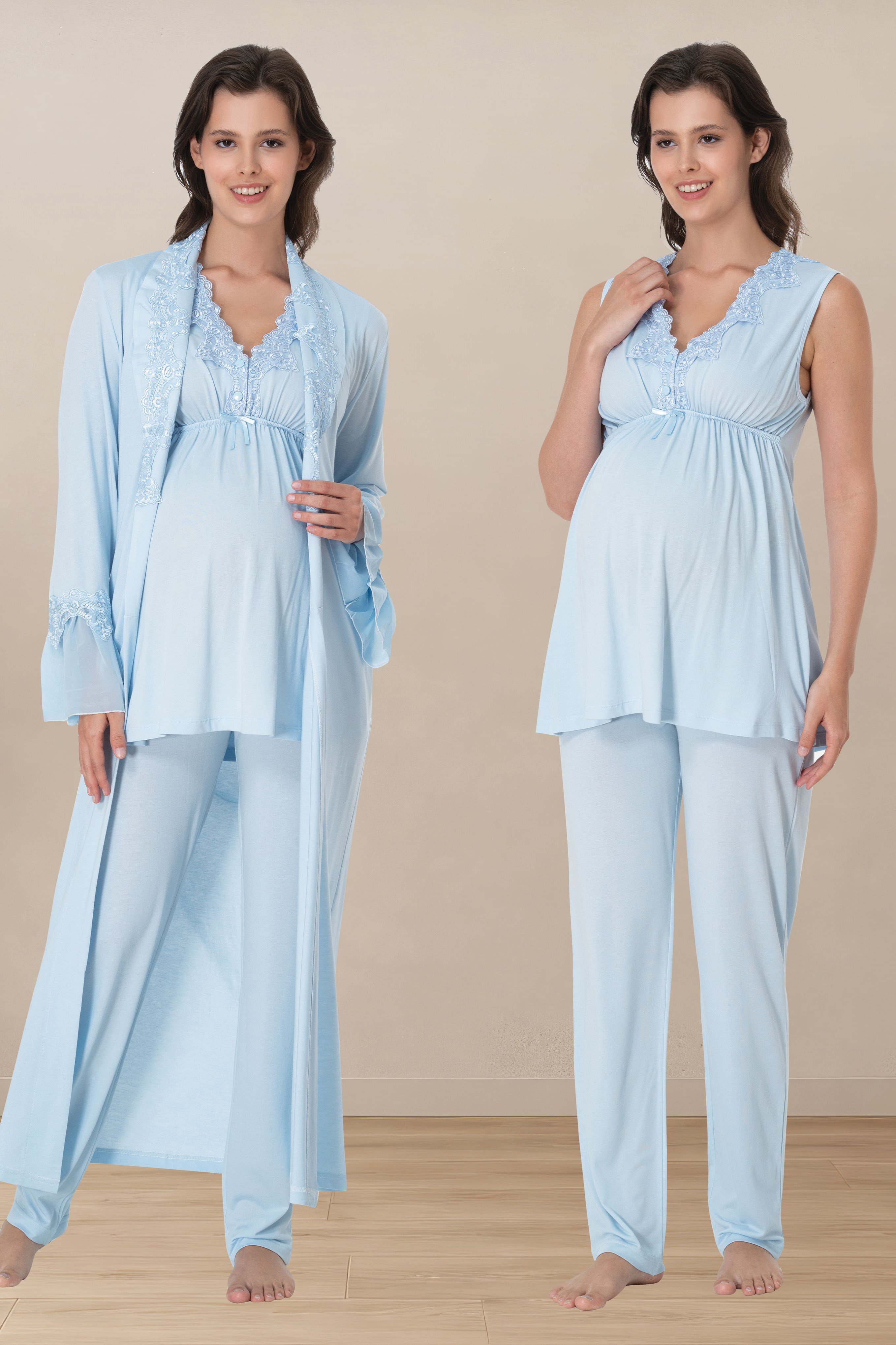 Effortt 5064 Mavi Ayarlanabilir Bel Lastikli Sıfır Kol Sabahlıklı Hamile Lohusa Pijama Takımı