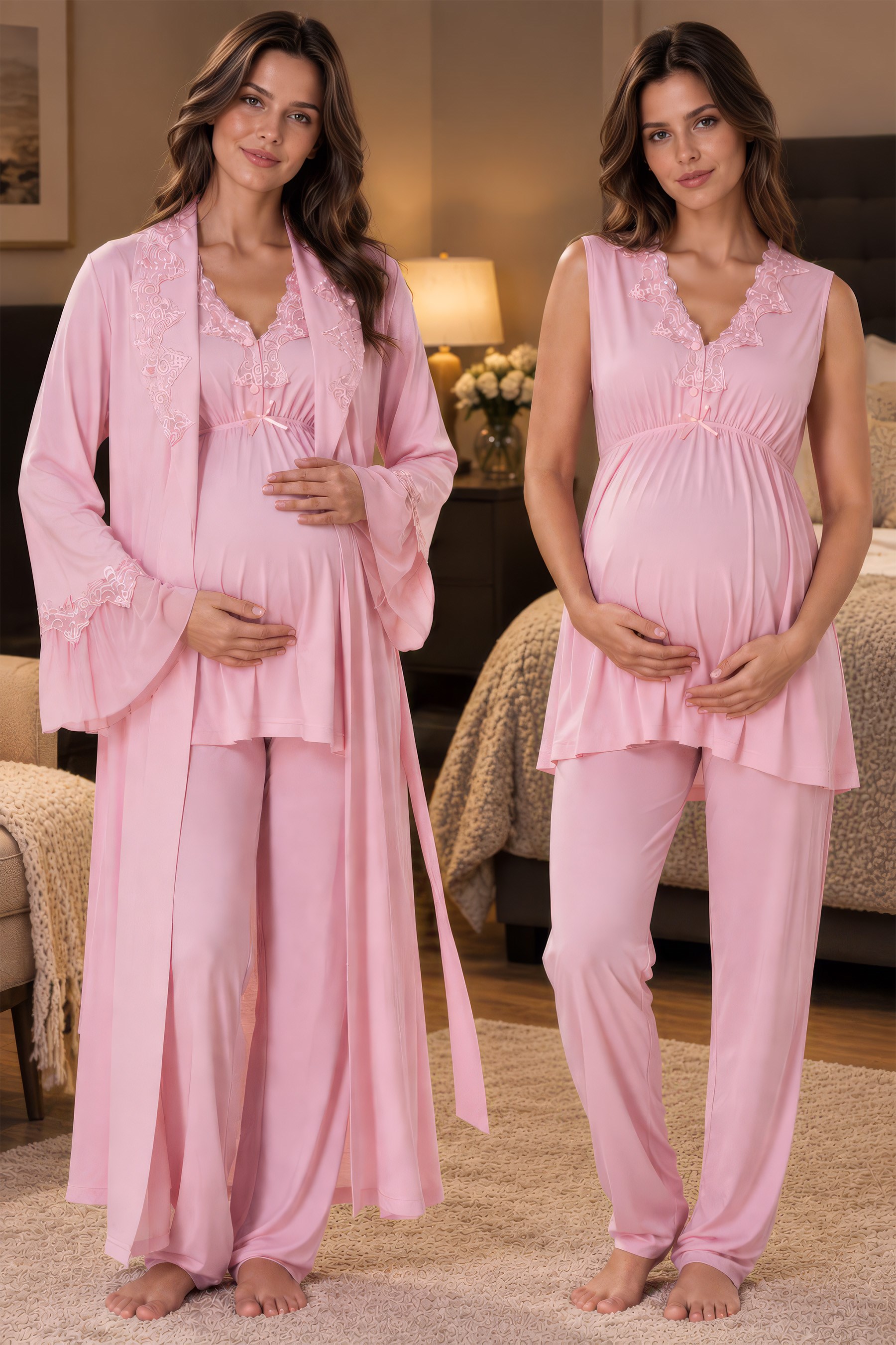 Effortt 5064 Pudra Ayarlanabilir Bel Lastikli Sıfır Kol Sabahlıklı Hamile Lohusa Pijama Takımı