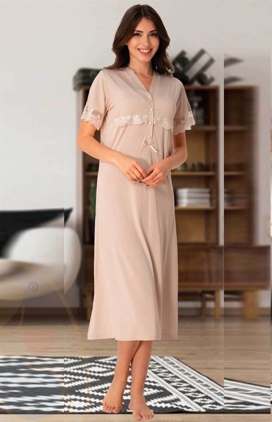 Effortt 5068 Sütlü Kahve Dantelli Lohusa Gecelik