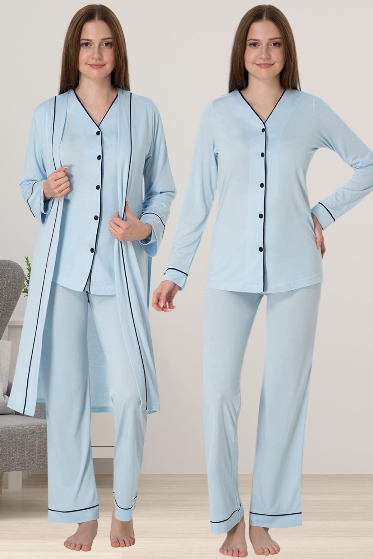 Effortt 5074 Mavi Sabahlıklı Hamile Lohusa Pijama Takımı