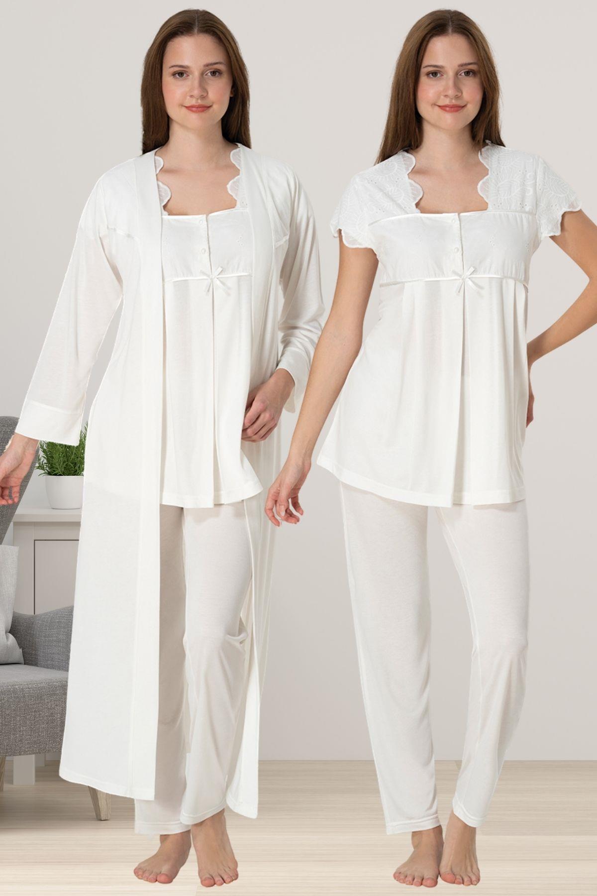 Effortt 5084 Ekru Sabahlıklı Hamile Lohusa Pijama Takımı
