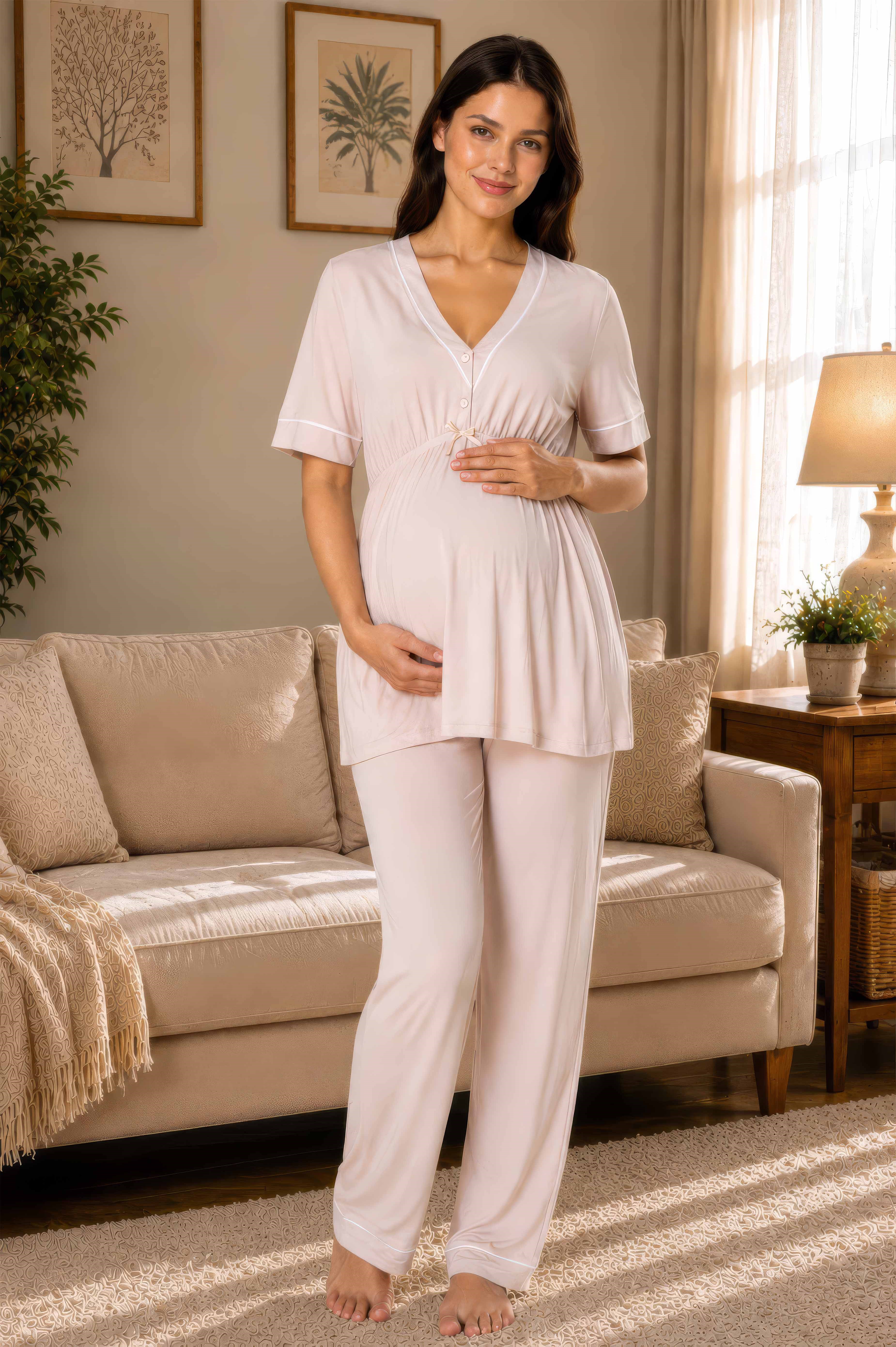 Effortt 5092 Bej Rahat Kalıp Kısa Kol Hamile Lohusa Pijama Takımı