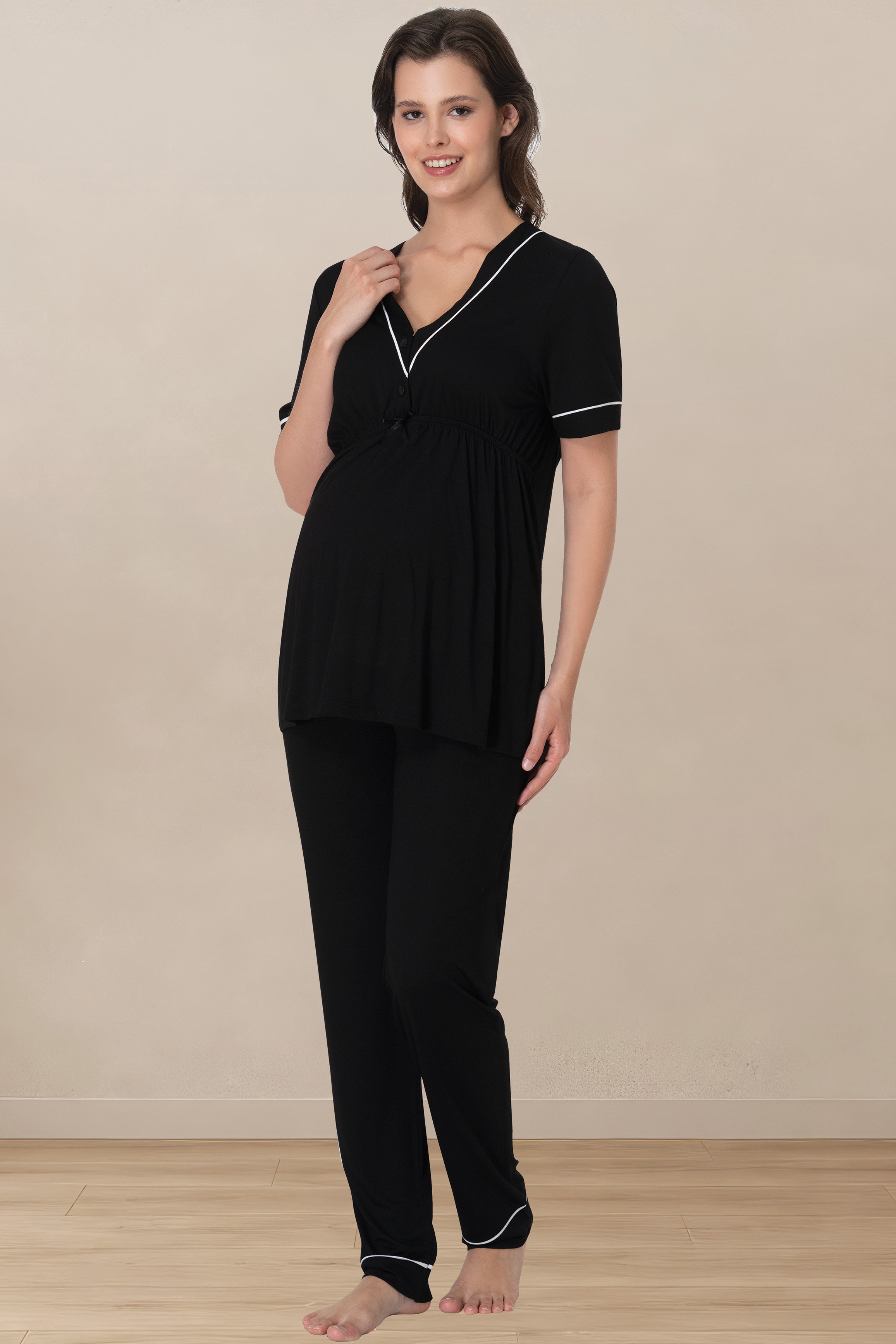 Effortt 5092 Siyah Rahat Kalıp Kısa Kol Hamile Lohusa Pijama Takımı