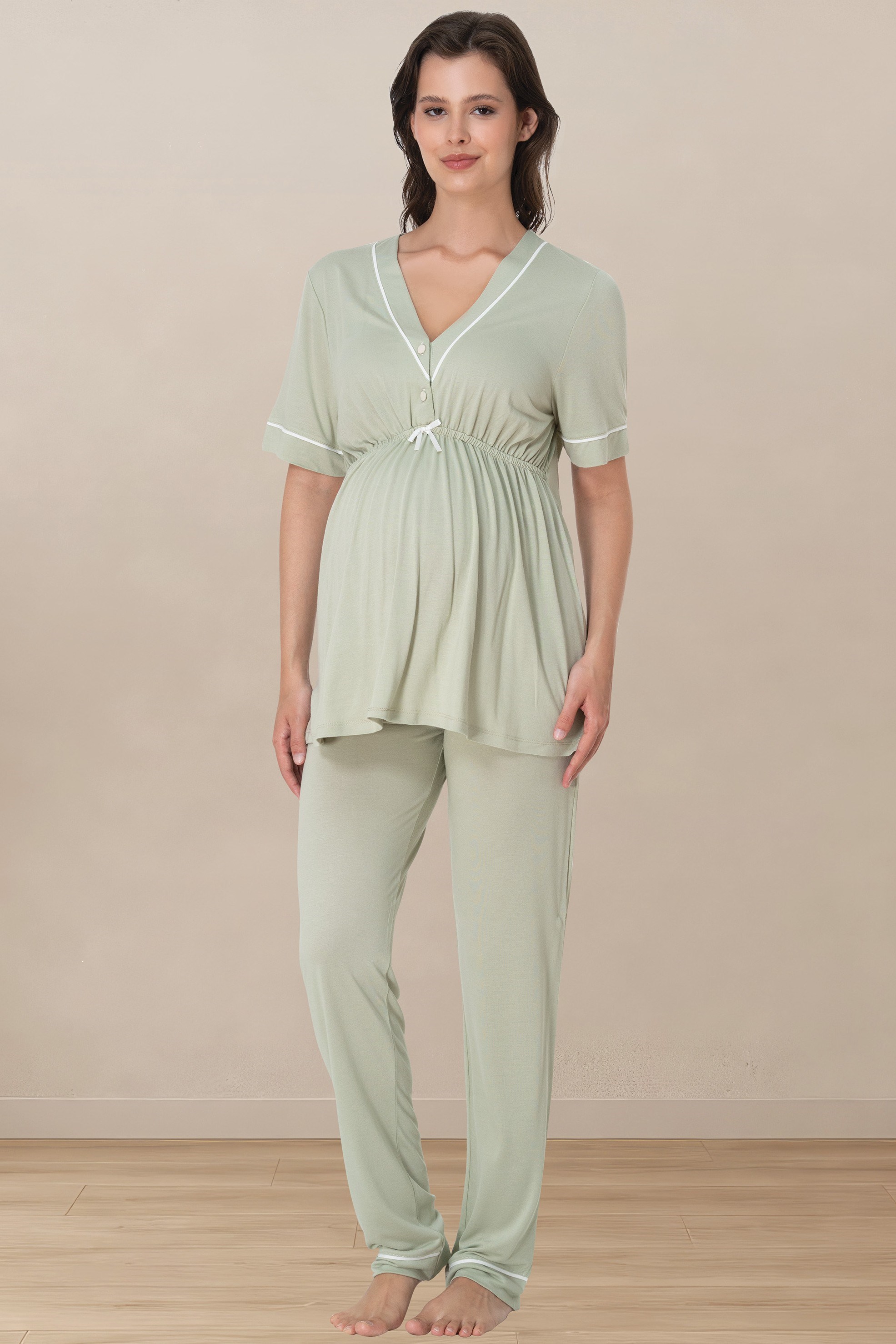 Effortt 5092 Yeşil Rahat Kalıp Kısa Kol Hamile Lohusa Pijama Takımı