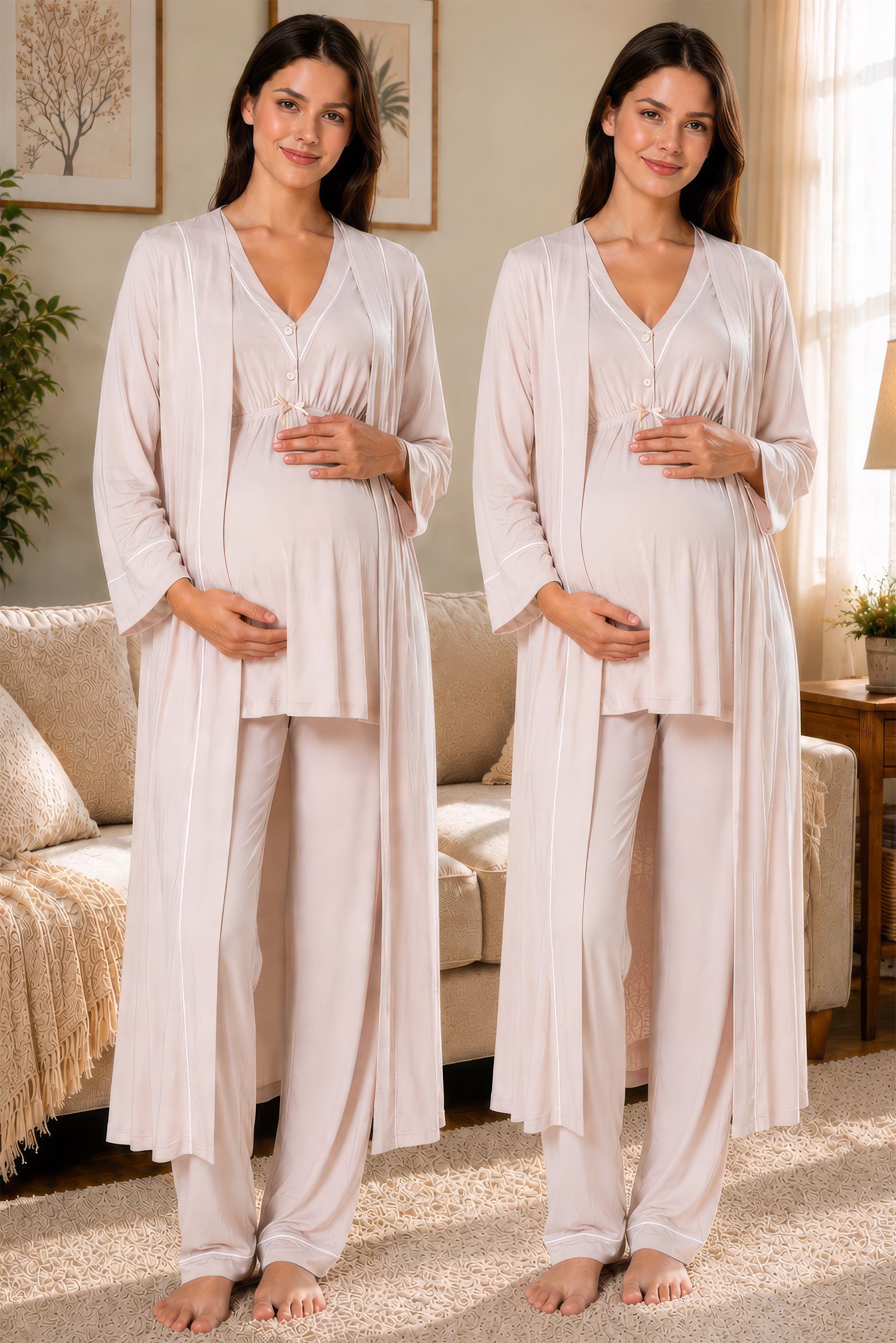Effortt 5094 Bej Pamuklu Sabahlıklı Hamile Lohusa Emzirme Pijama Takımı Ayarlanabilir Bel Lastikli