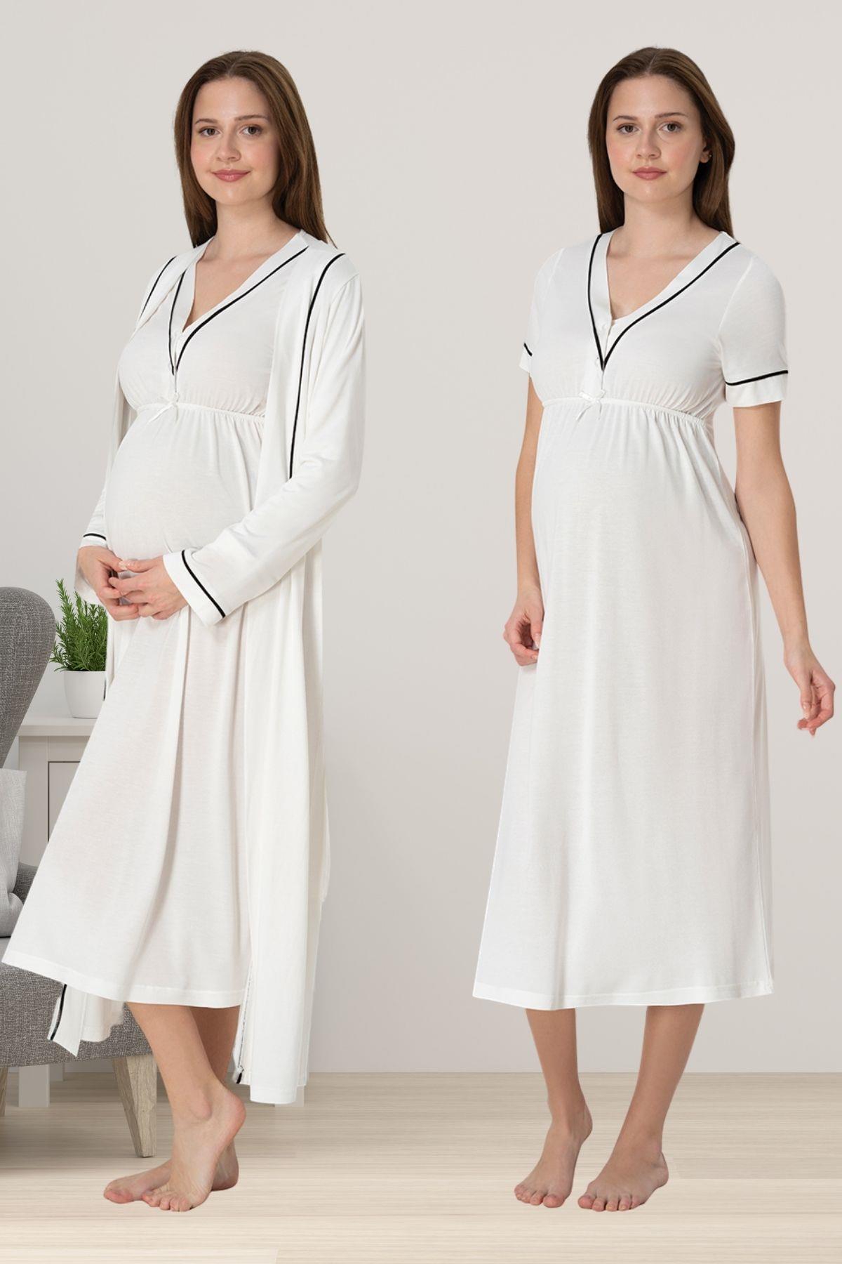 Effortt 5095 Ekru Sabahlıklı Hamile Lohusa Gecelik Takım