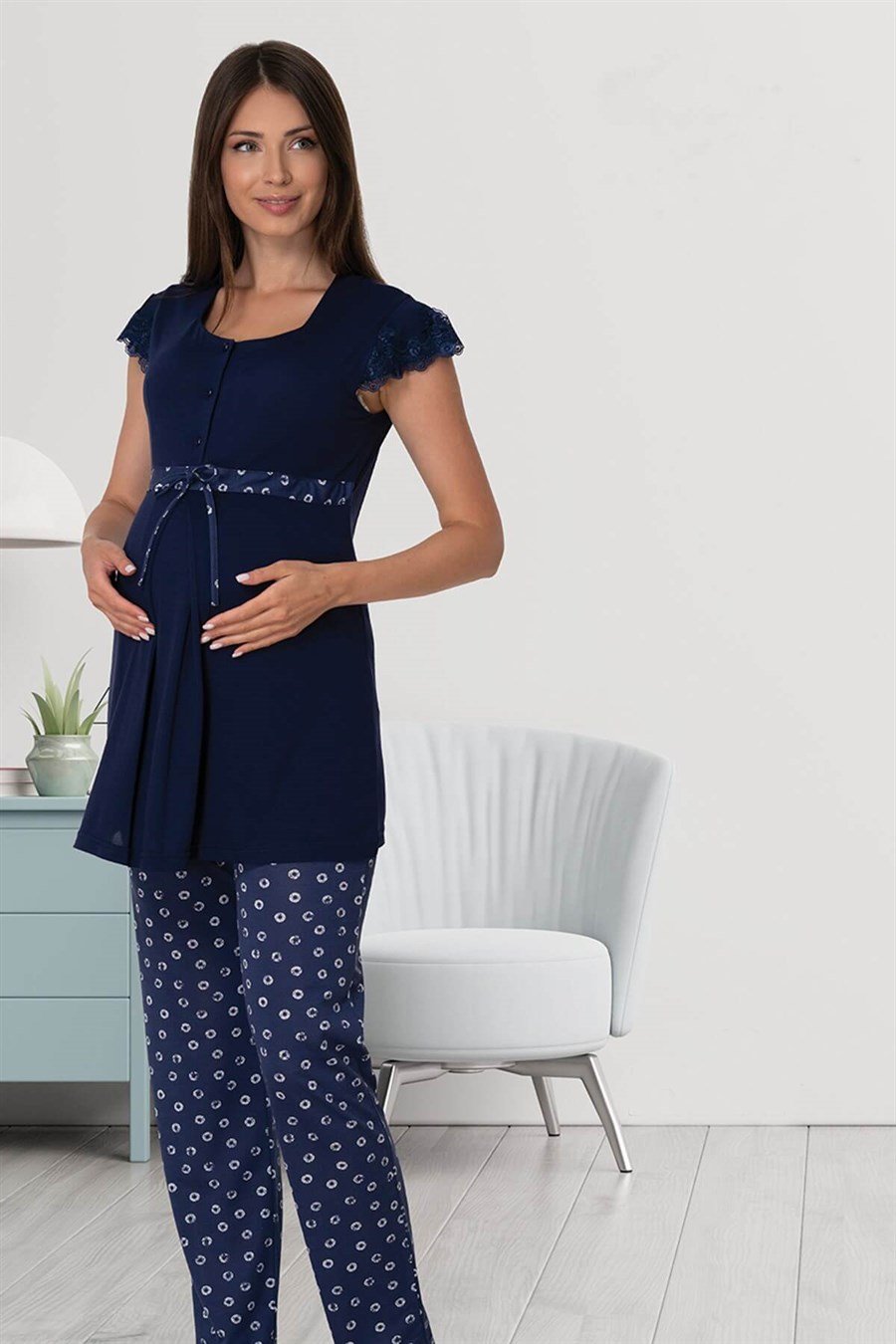 Effortt 6012 Lacivert Dantelli Lohusa Pijama Takımı