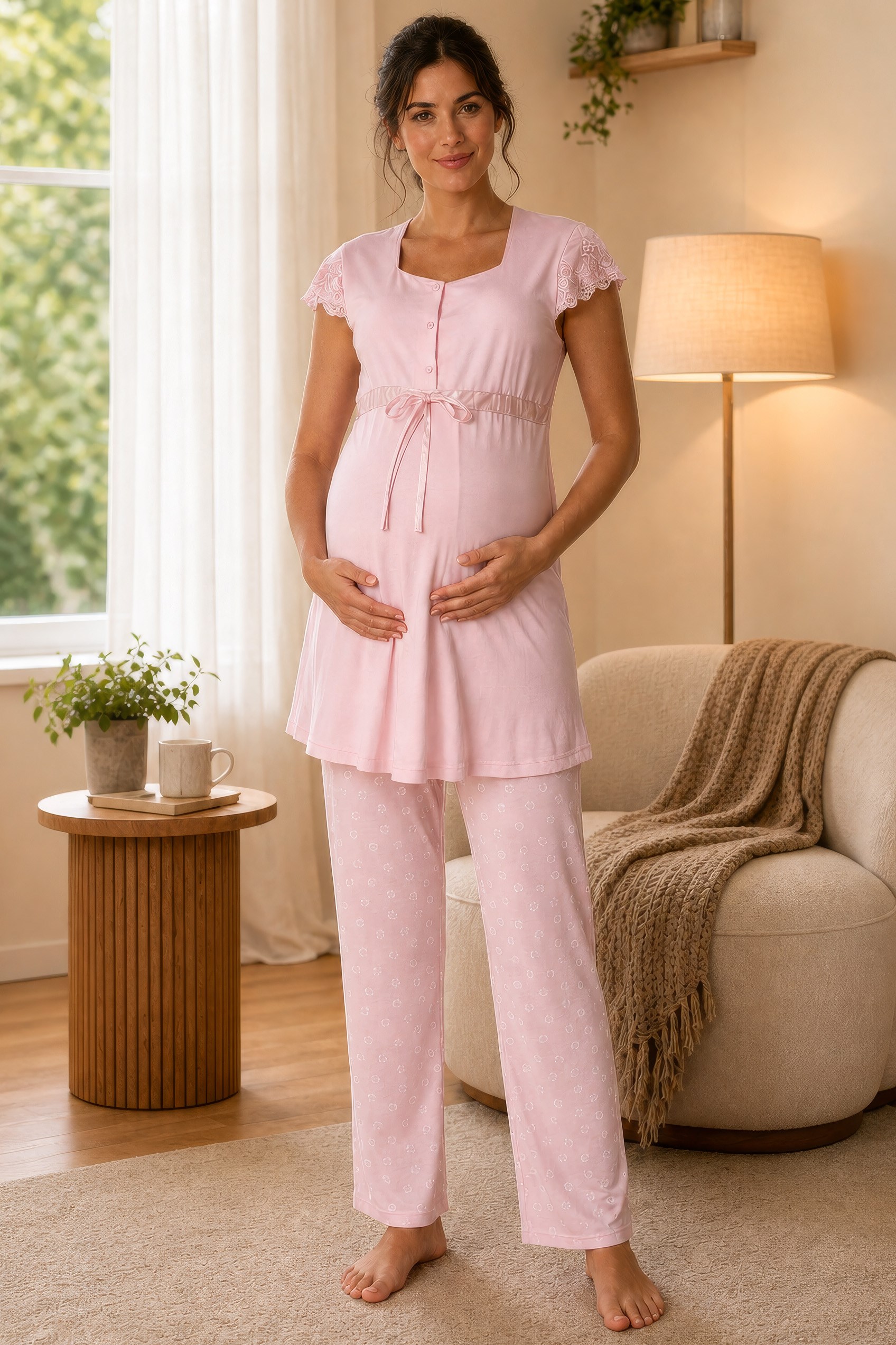 Effortt 6012 Pembe Pamuklu Emzirme Detaylı Hamile & Lohusa Pijama Takımı | Ayarlanabilir Bel