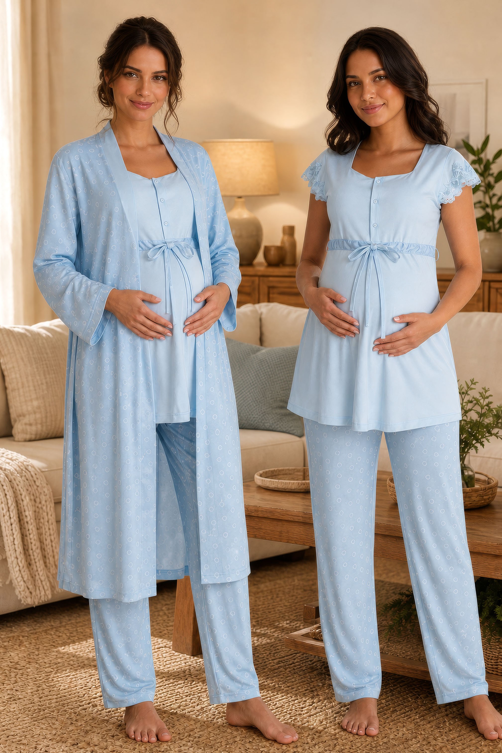 Effortt 6014 Mavi Desenli Sabahlıklı Hamile Lohusa Emzirme Pijama Takımı
