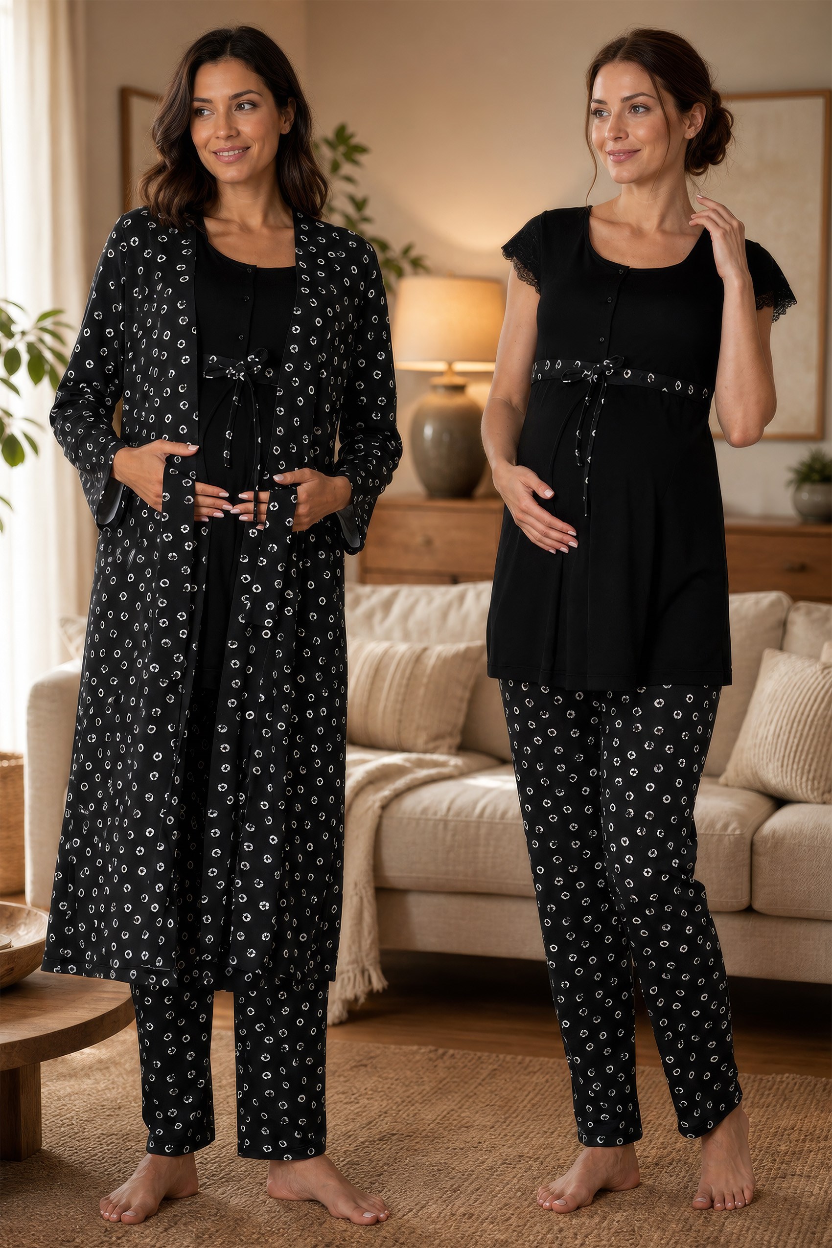 Effortt 6014 Siyah Desenli Sabahlıklı Hamile Lohusa Emzirme Pijama Takımı