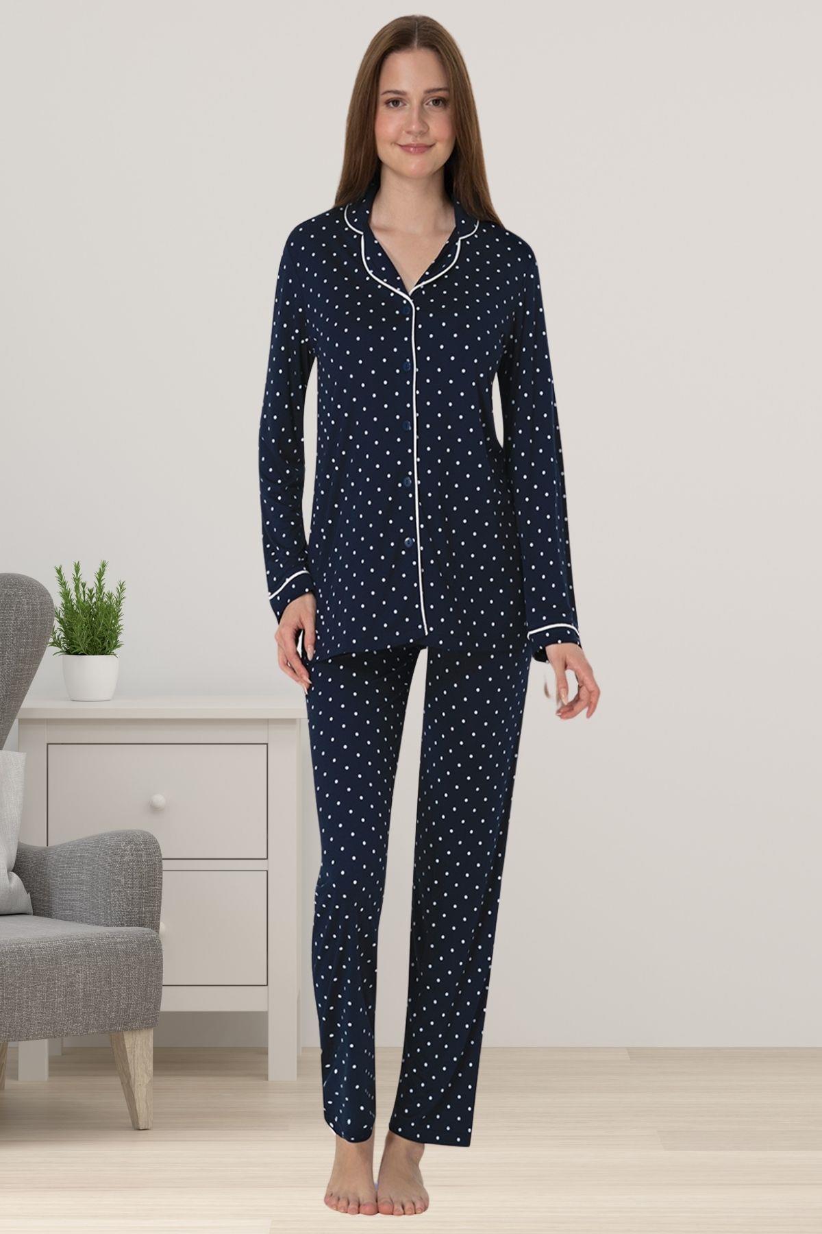 Effortt 6018 Lacivert Önden Düğmeli Kadın Pijama Takımı