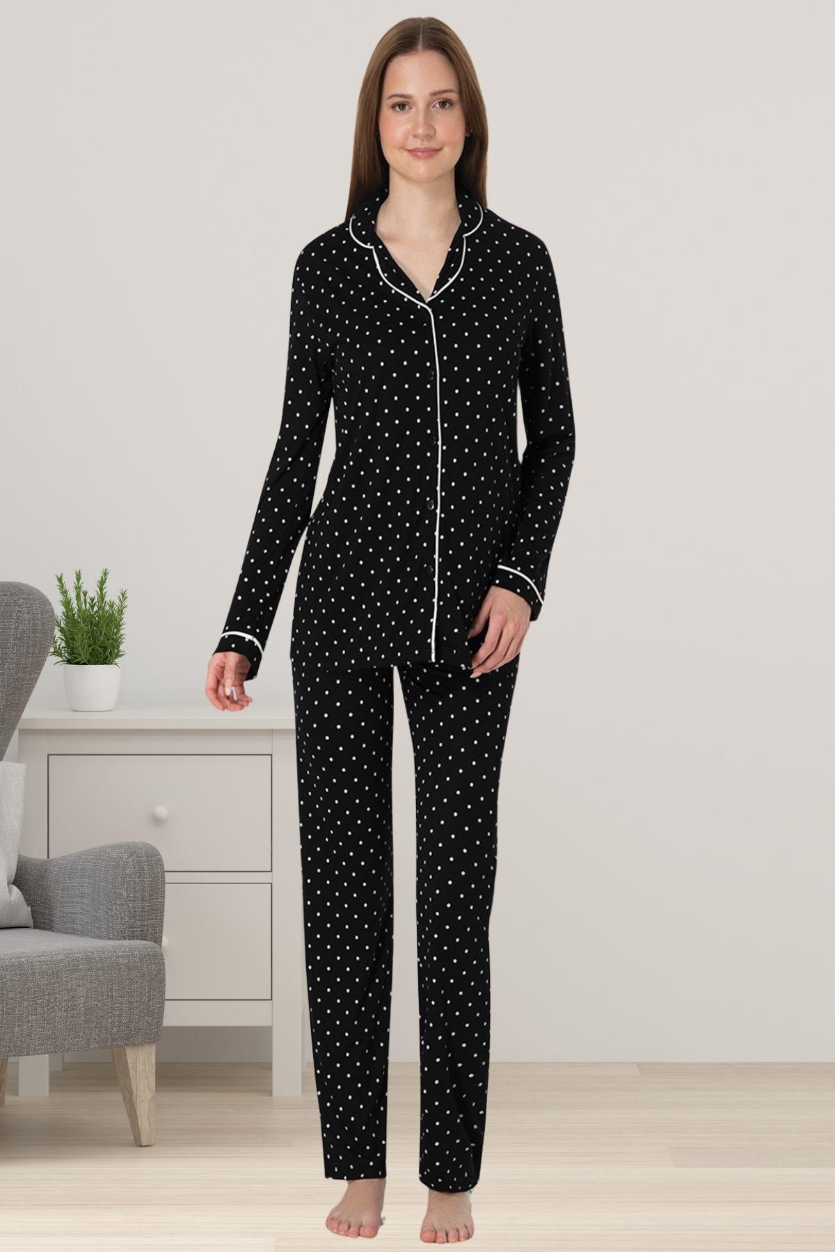 Effortt 6018 Siyah Önden Düğmeli Kadın Pijama Takımı