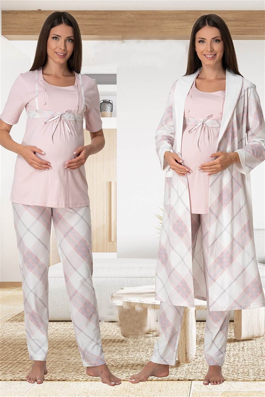 Effortt 6024 Pudra Sabahlıklı Lohusa Pijama Takımı