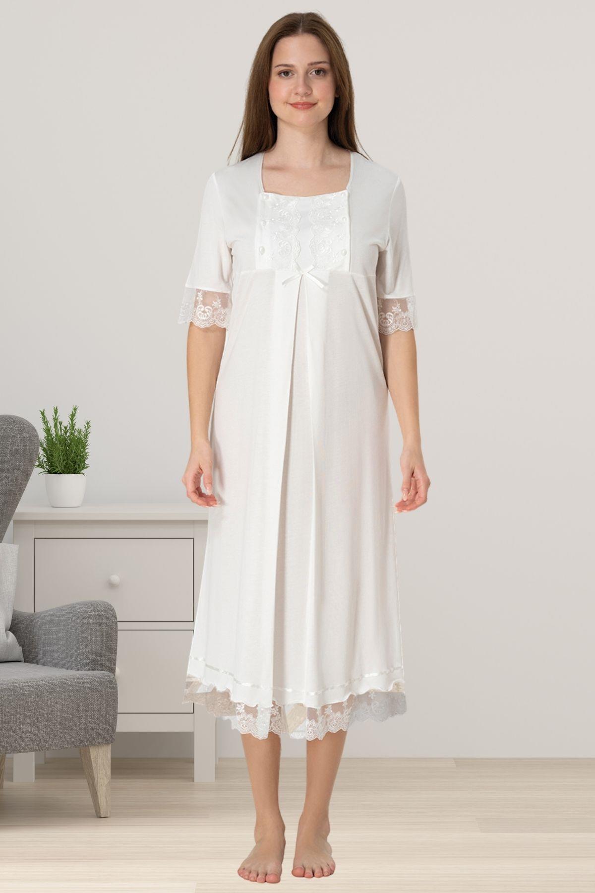 Effortt 6033 Ekru Dantelli Kısa Kol Hamile Lohusa Gecelik