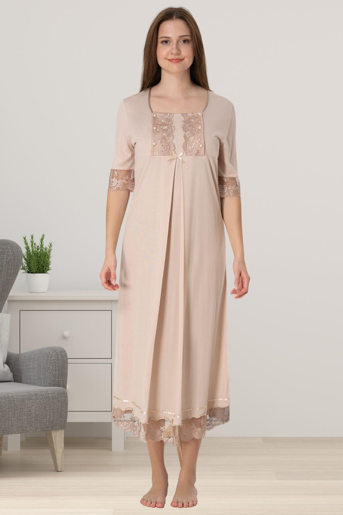 Effortt 6033 Kahverengi Dantelli Kısa Kol Hamile Lohusa Gecelik