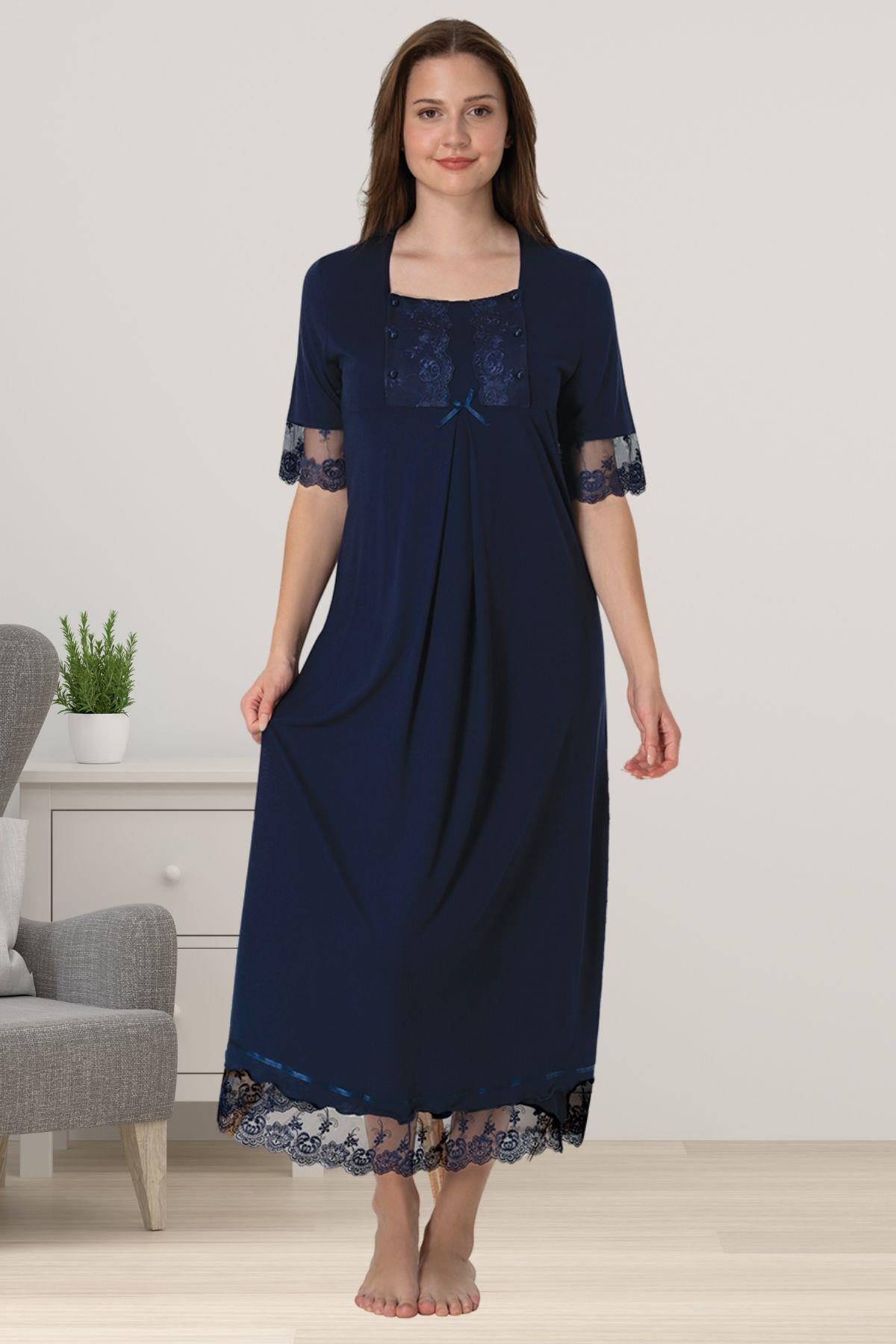 Effortt 6033 Lacivert Dantelli Kısa Kol Hamile Lohusa Gecelik