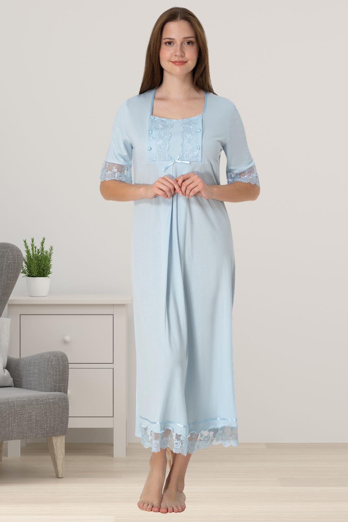 Effortt 6033 Mavi Dantelli Kısa Kol Hamile Lohusa Gecelik