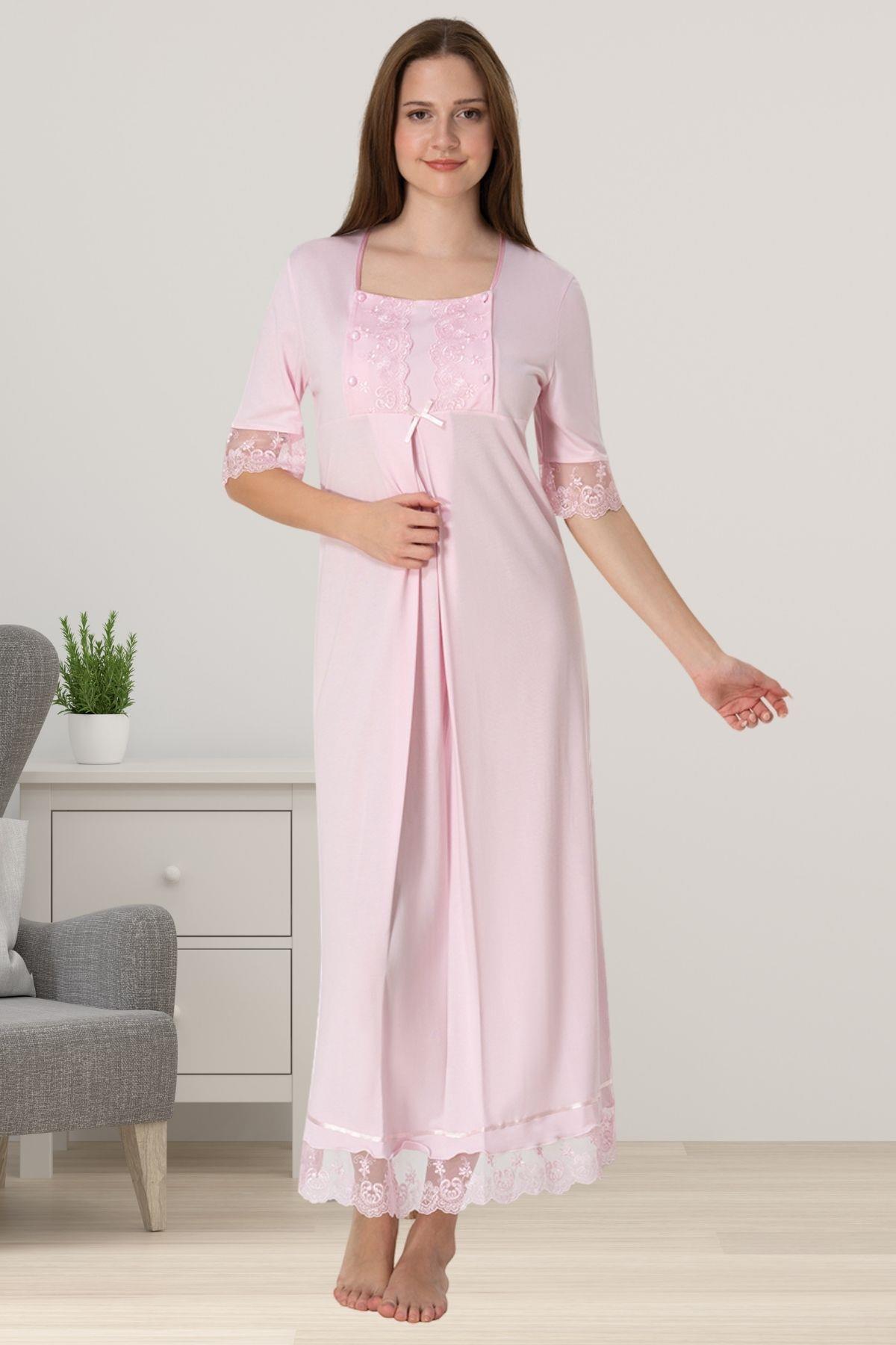Effortt 6033 Pembe Dantelli Kısa Kol Hamile Lohusa Gecelik