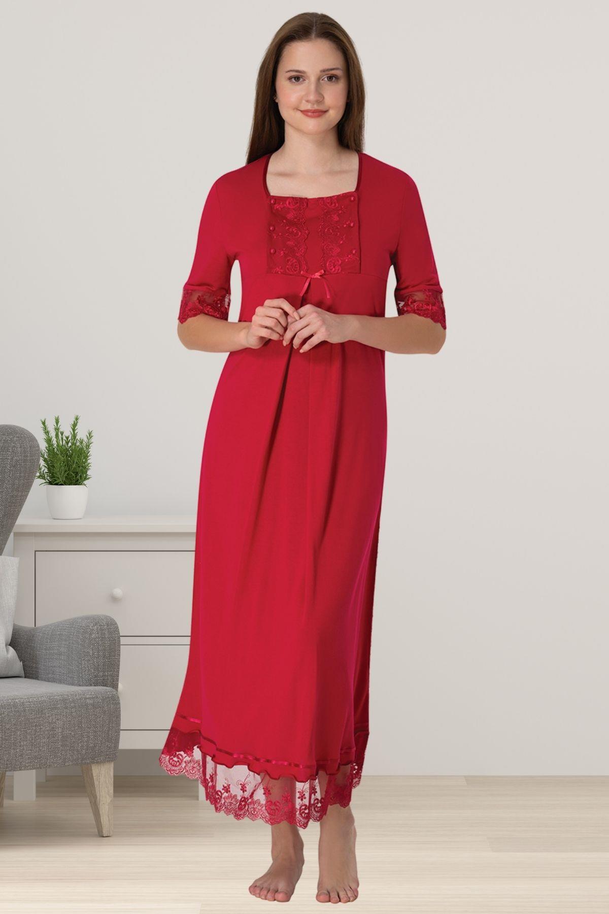 Effortt 6033 Vişne Dantelli Kısa Kol Hamile Lohusa Gecelik