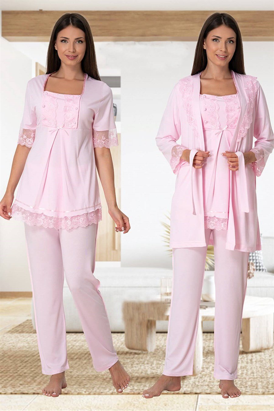 Effortt 6034 Pembe Sabahlıklı Lohusa Pijama Takımı