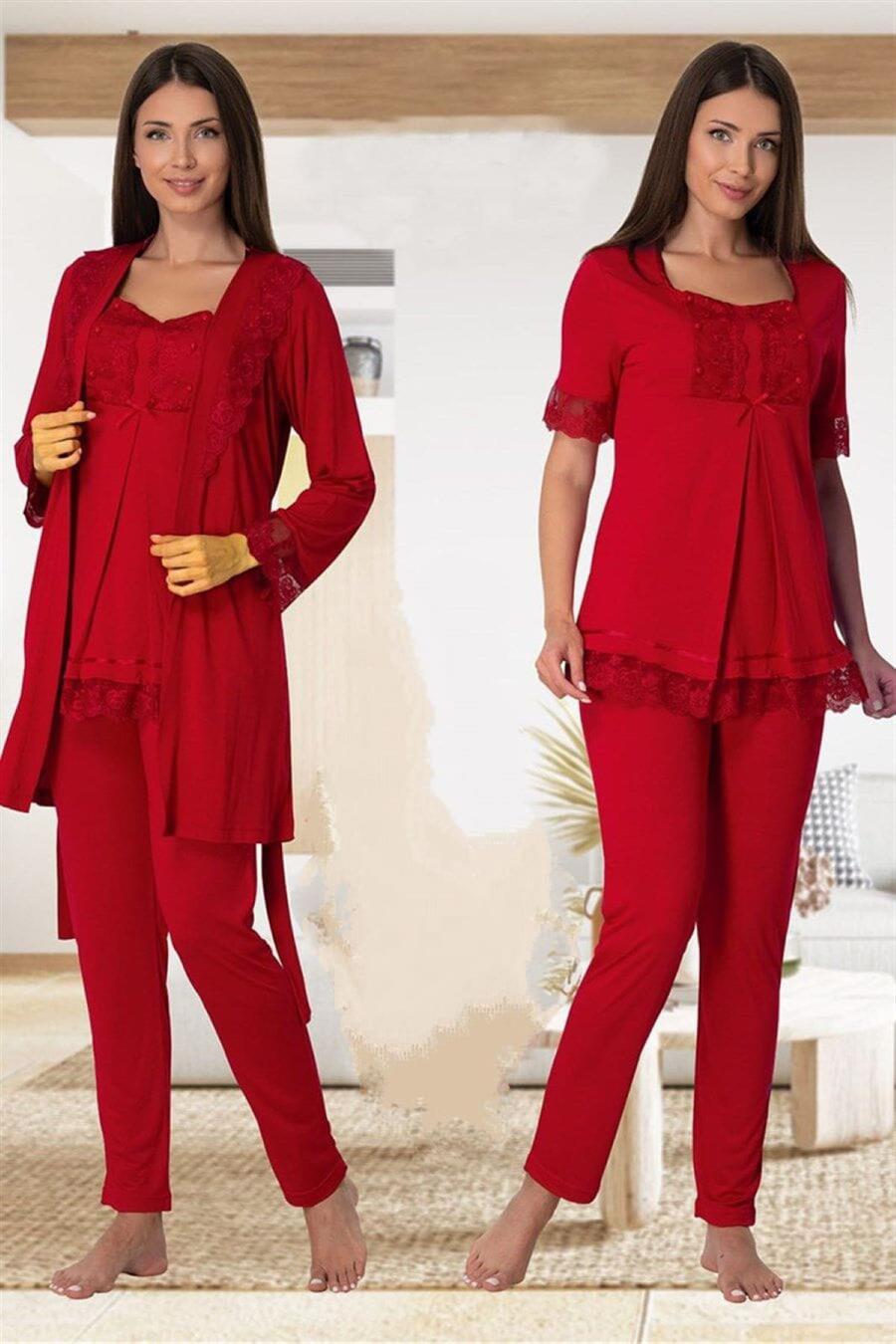 Effortt 6034 Vişne Sabahlıklı Lohusa Pijama Takımı