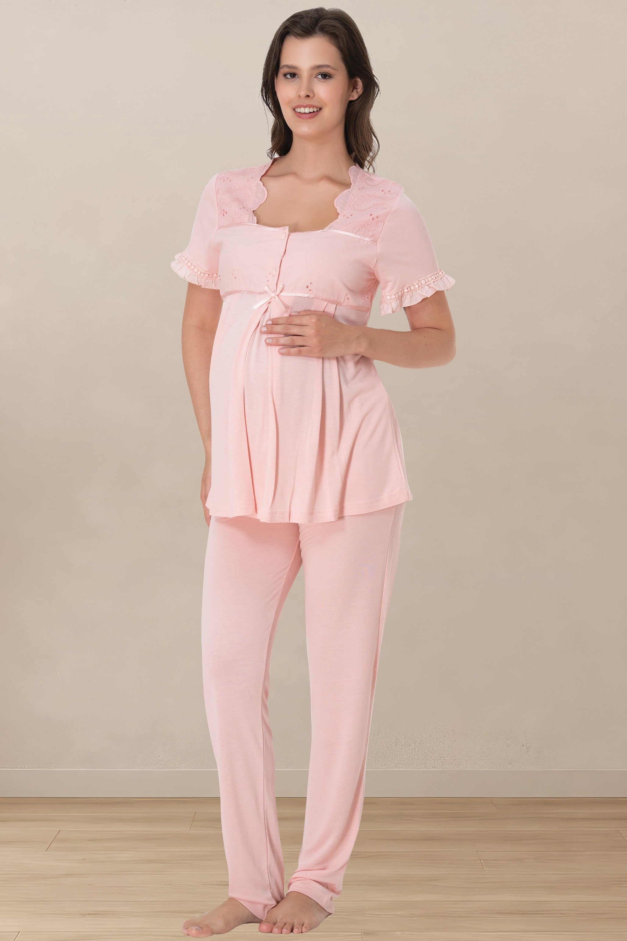 Effortt 7022 Pudra Kısa Kol Dantel Detaylı Hamile Lohusa Pijama Takımı