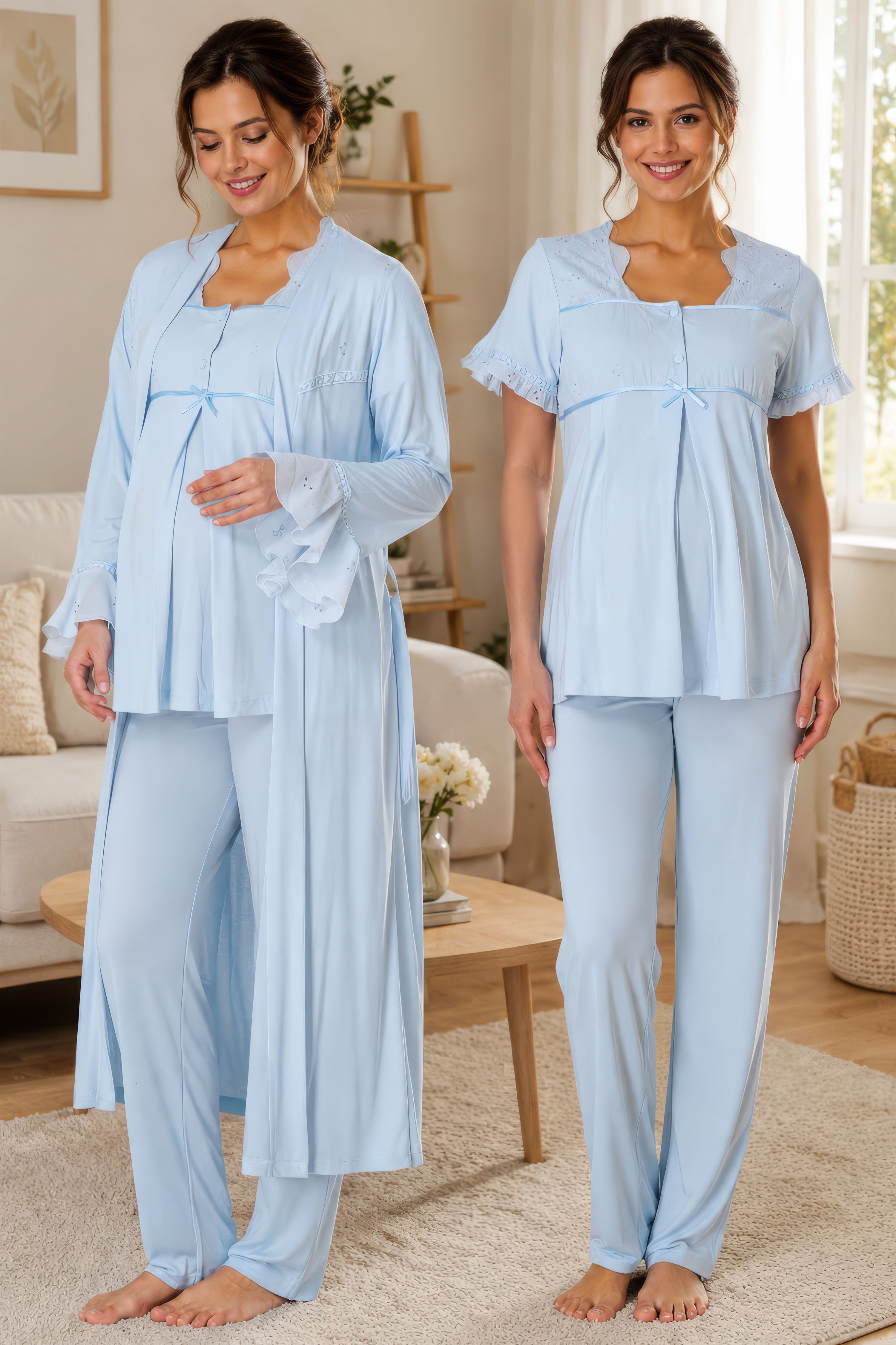 Effortt 7024 Mavi Ayarlanabilir Bel Lastikli Kısa Kol Sabahlıklı Hamile Lohusa Pijama Takımı