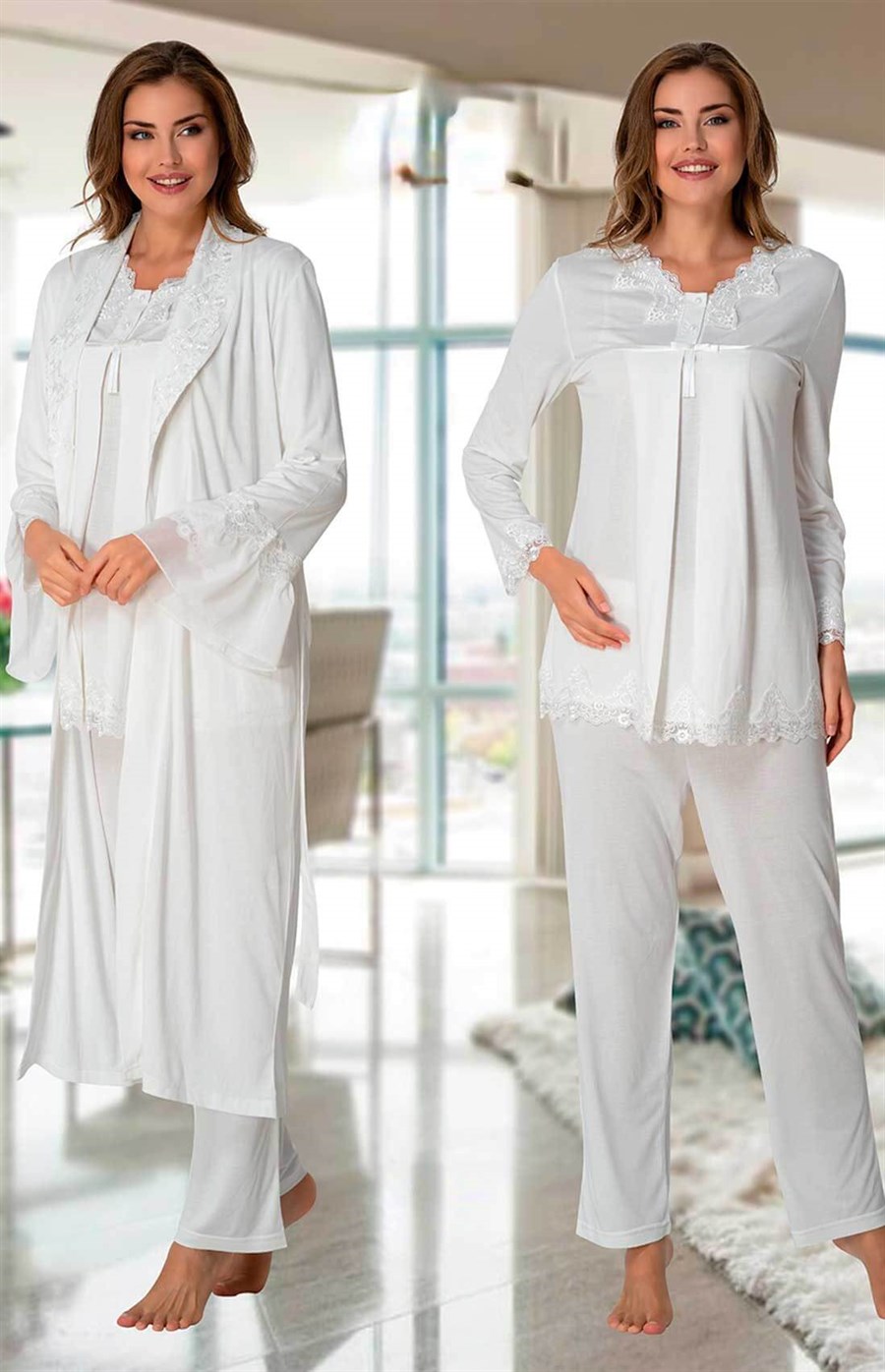 Effortt 7034 Ekru Sabahlıklı Lohusa Pijama Takımı