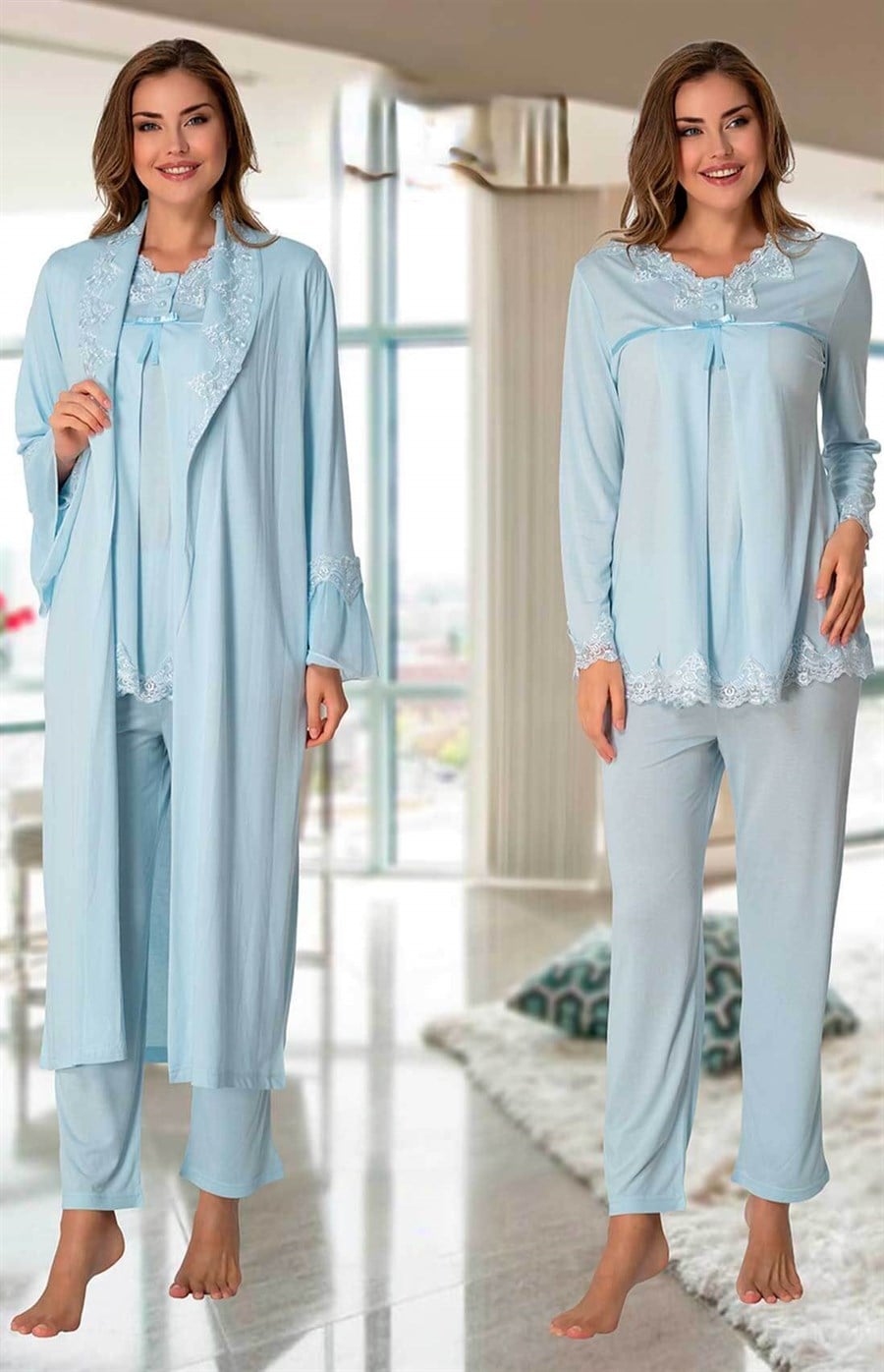 Effortt 7034 Mavi Sabahlıklı Lohusa Pijama Takımı