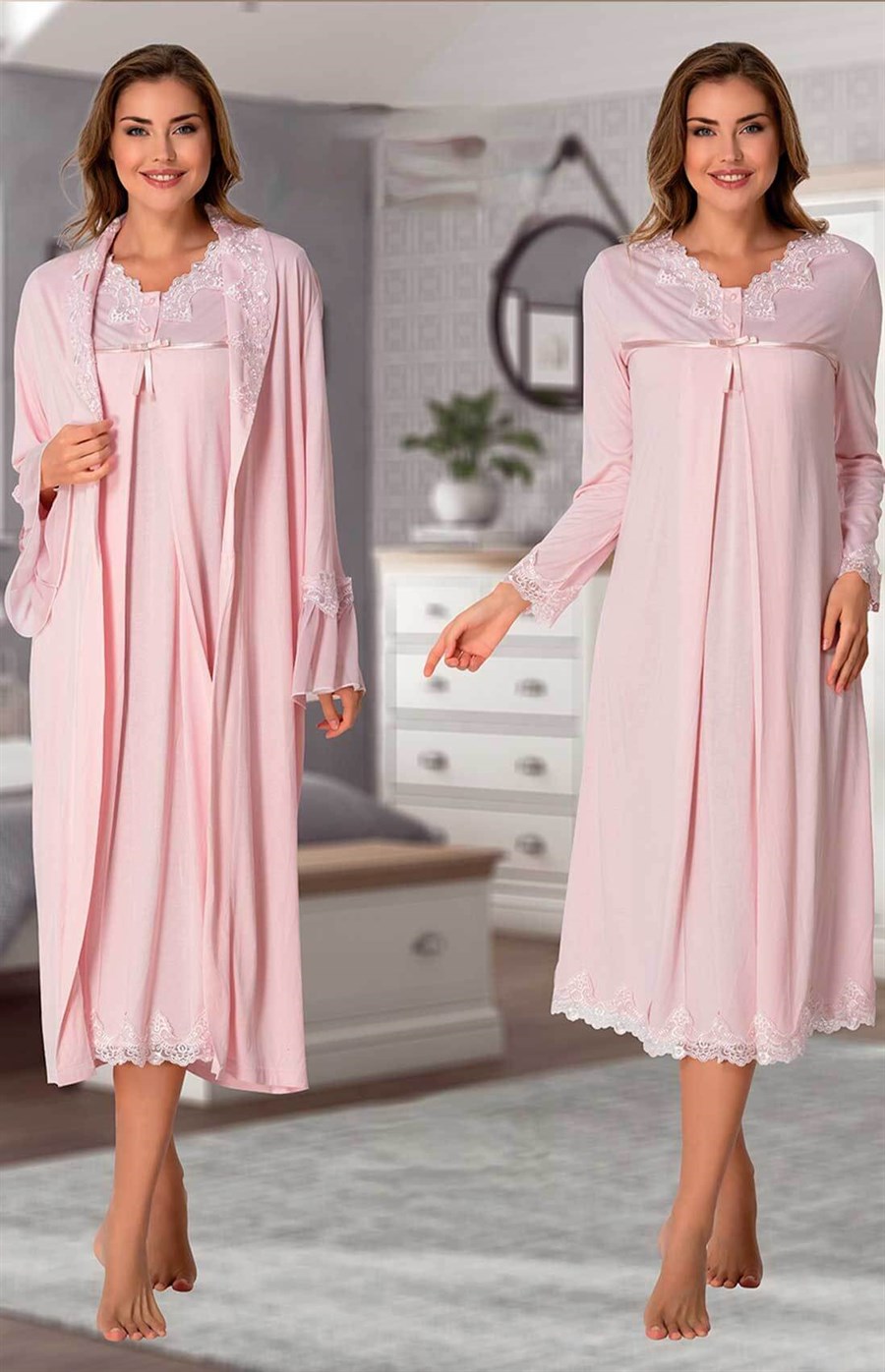 Effortt 7035 Pembe Sabahlıklı Lohusa Gecelik Takım