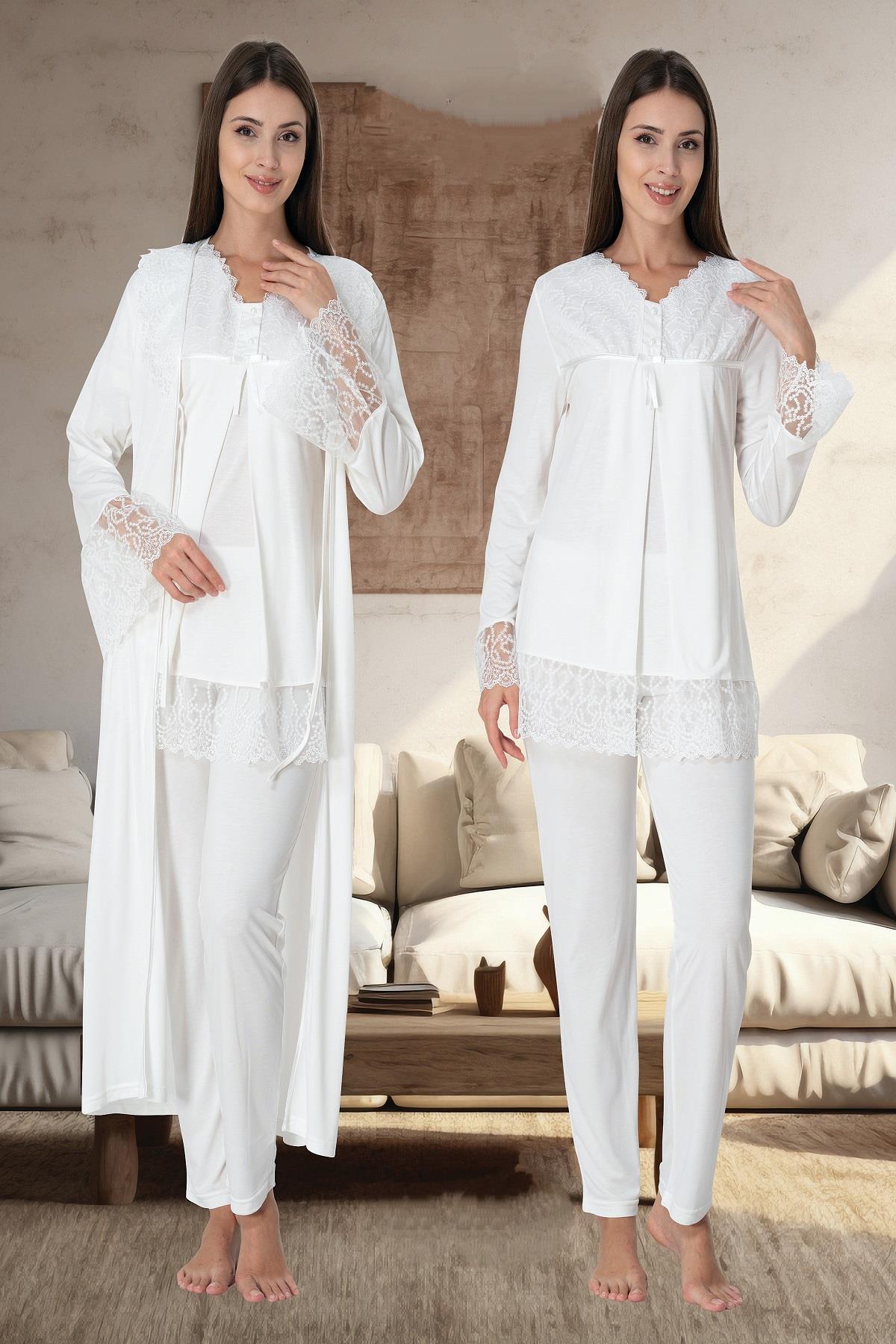 Effortt 7044 Ekru Sabahlıklı Lohusa Pijama Takımı