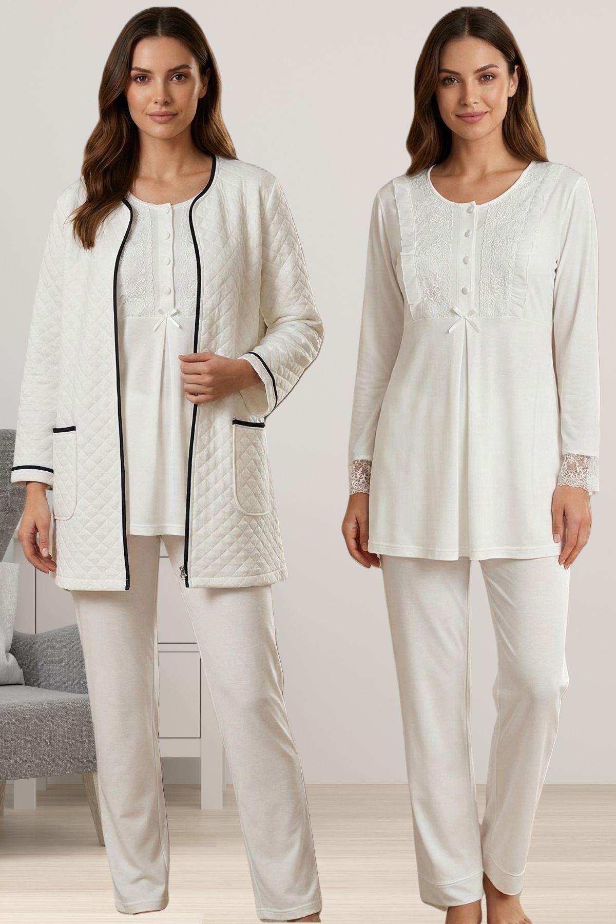 Effortt 7071 Ekru Kapitone Sabahlık Pijama Takımı