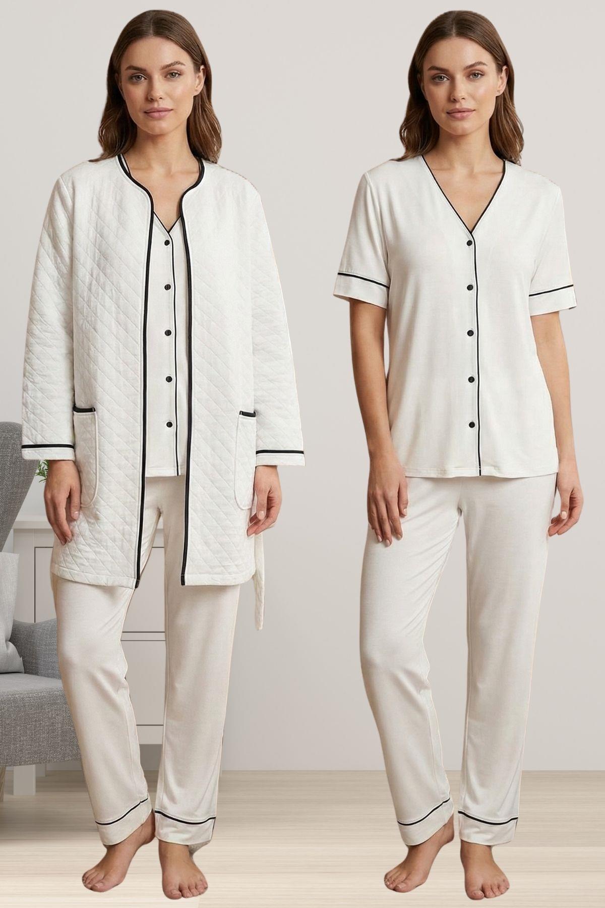 Effortt 7078 Ekru Kapitone Sabahlık Pijama Takımı